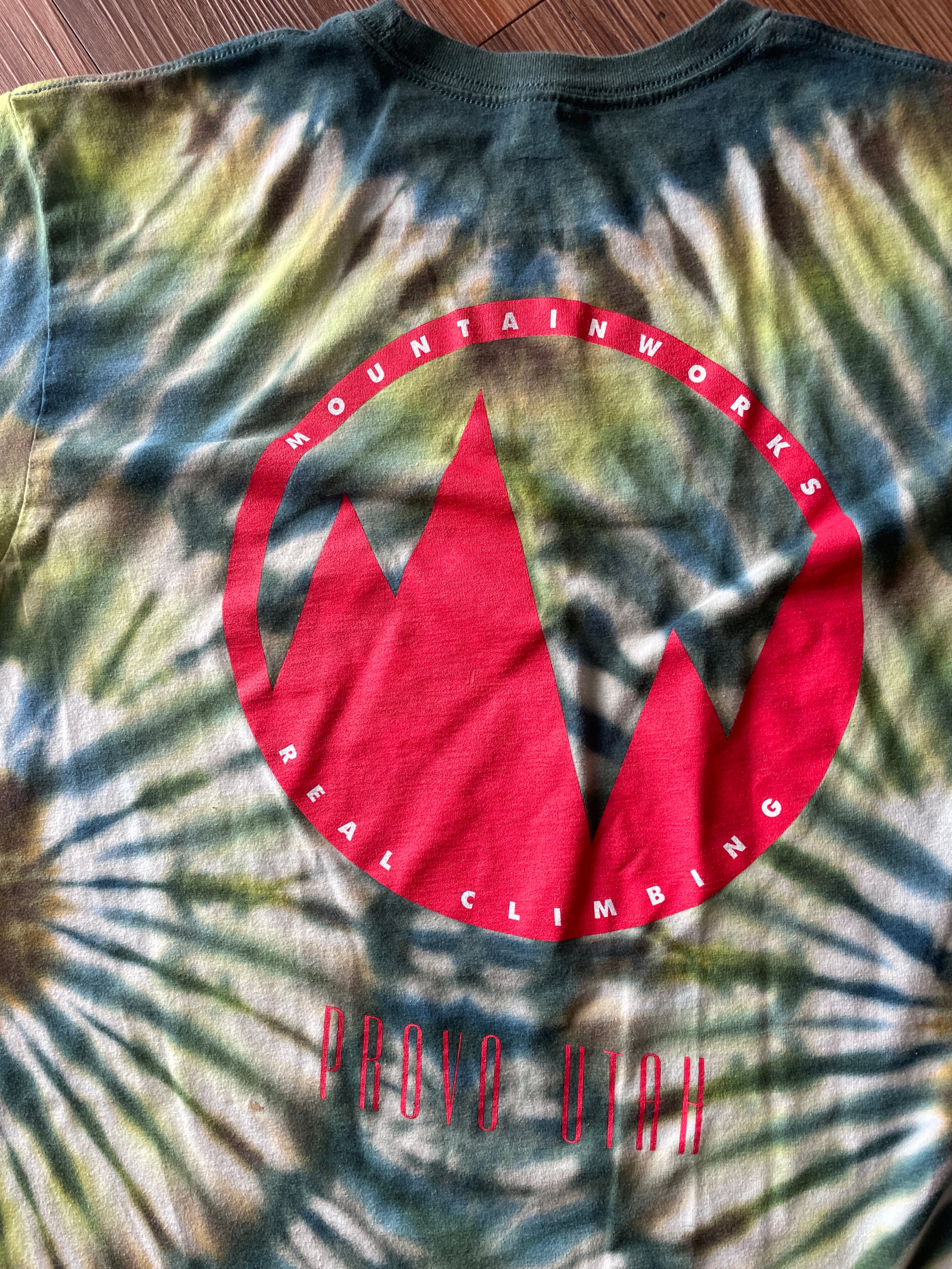 Medium Men’s Mountain Works (Provo, Utah) Handmade Tie Dye T-Shirt | Green, Blue, and Brown Pleated Tie Dye Short Sleeve