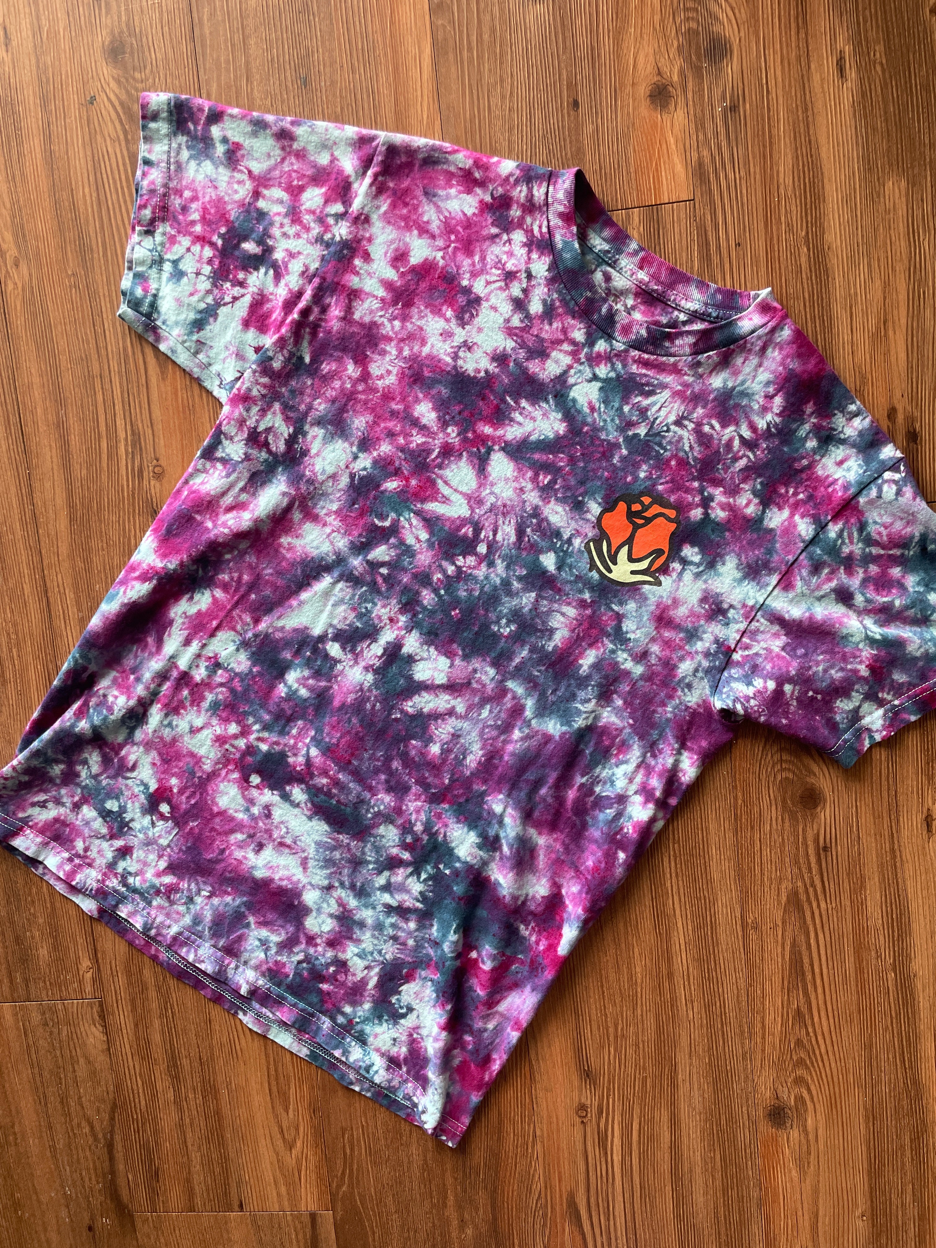 MEDIUM Men’s Rose Galaxy Tie Dye T-Shirt | Shades of Pink and Purple Crumpled Tie Dye Short Sleeve Top