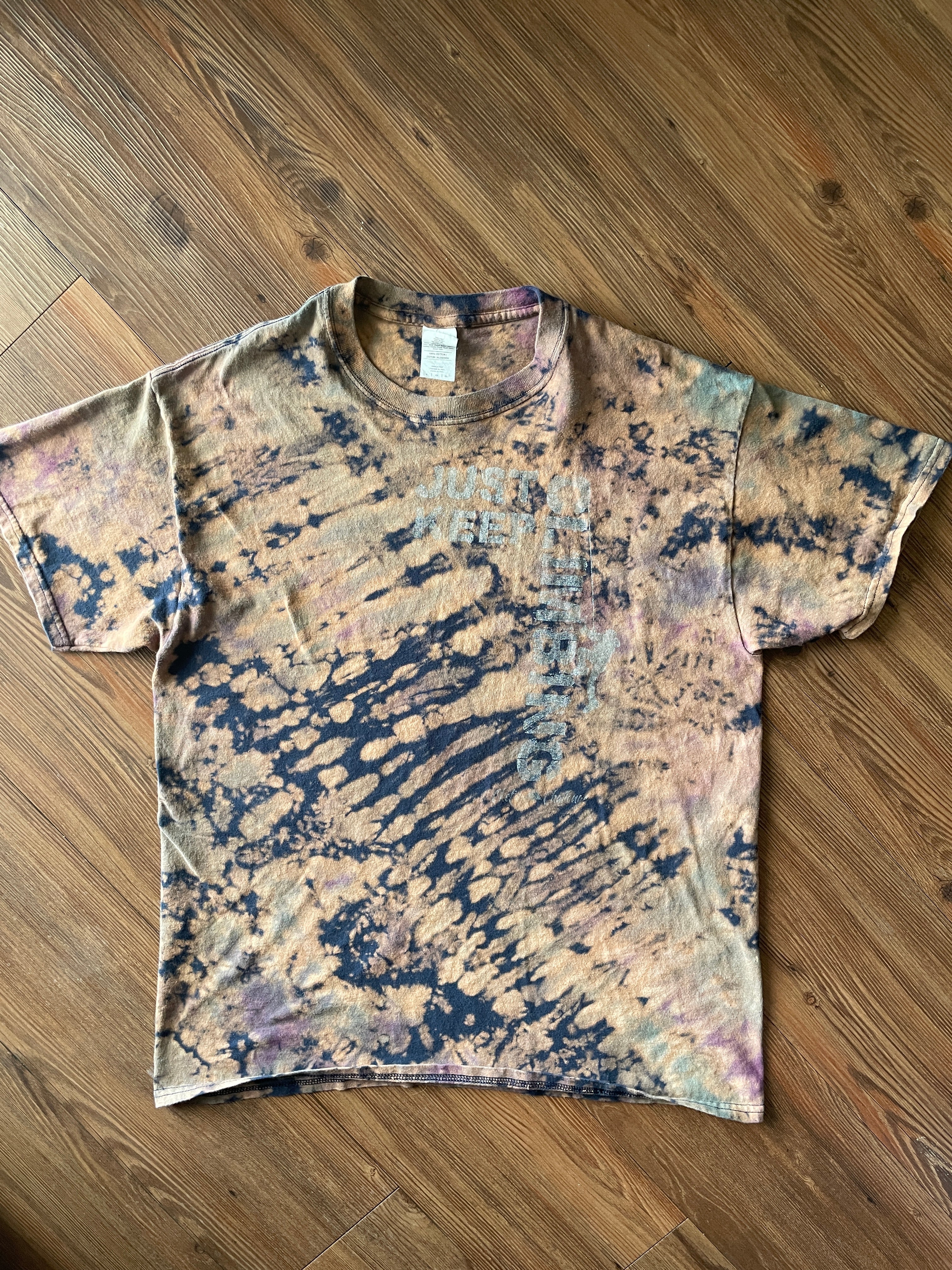LARGE Men’s Just Keep Climbing Reverse Tie Dye T-Shirt | Blue and Brown Crumpled Bleach Dye Short Sleeve Top