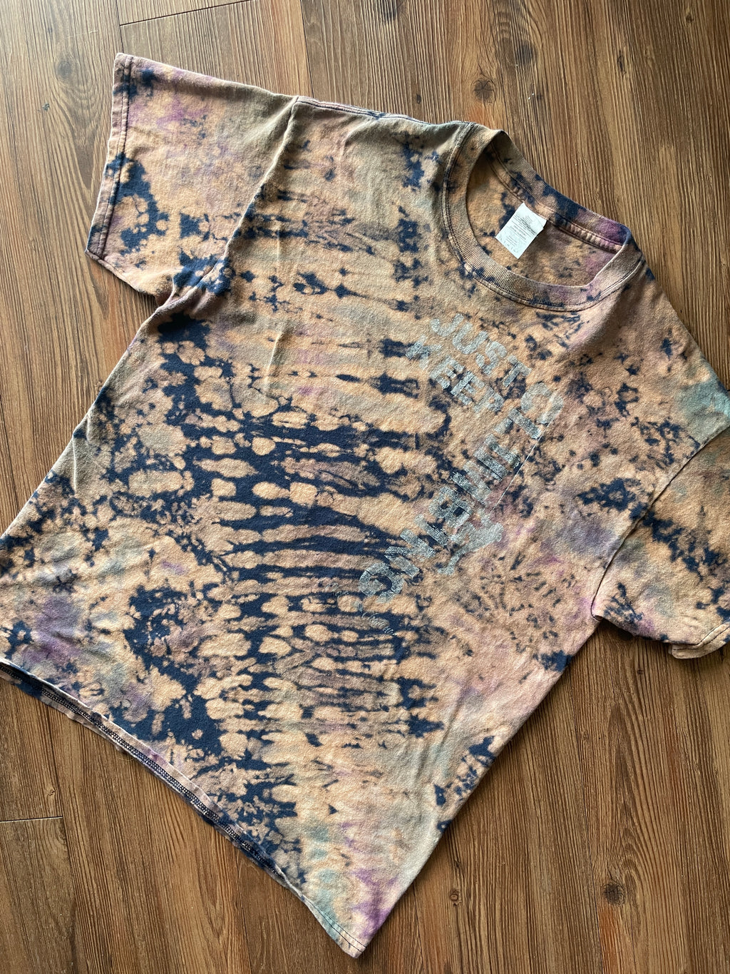 LARGE Men’s Just Keep Climbing Reverse Tie Dye T-Shirt | Blue and Brown Crumpled Bleach Dye Short Sleeve Top