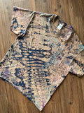 LARGE Men’s Just Keep Climbing Reverse Tie Dye T-Shirt | Blue and Brown Crumpled Bleach Dye Short Sleeve Top