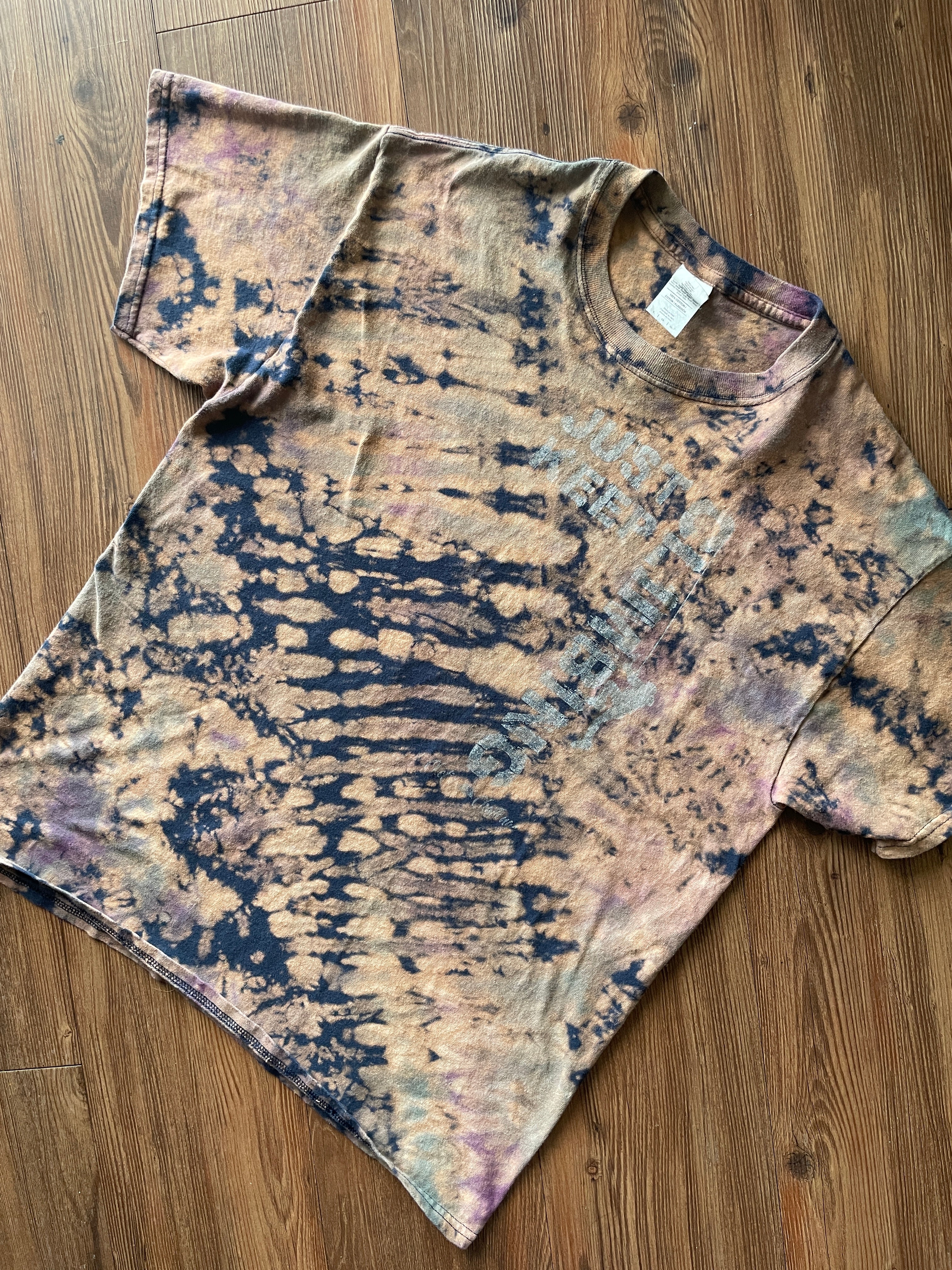 LARGE Men’s Just Keep Climbing Reverse Tie Dye T-Shirt | Blue and Brown Crumpled Bleach Dye Short Sleeve Top