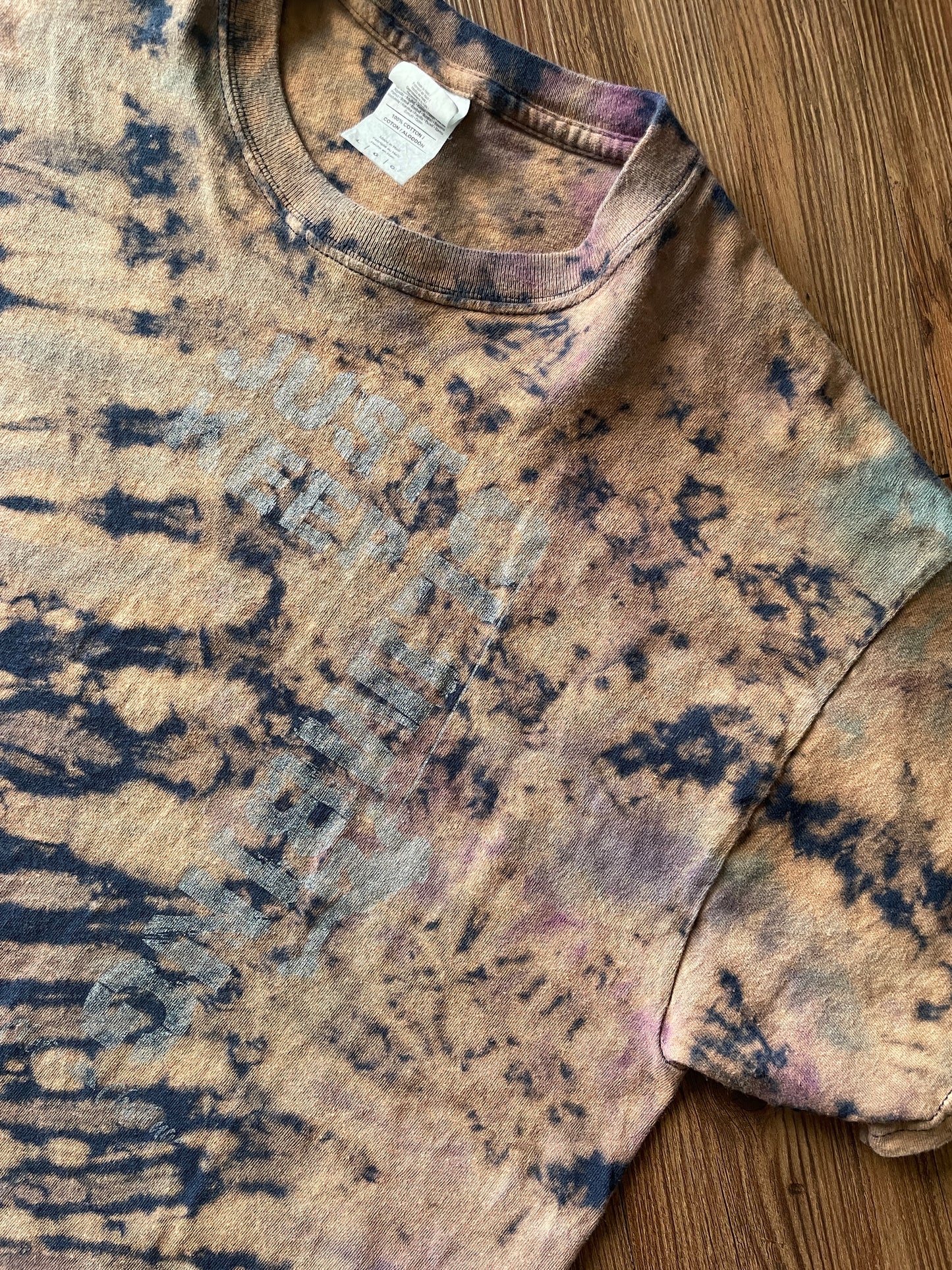LARGE Men’s Just Keep Climbing Reverse Tie Dye T-Shirt | Blue and Brown Crumpled Bleach Dye Short Sleeve Top