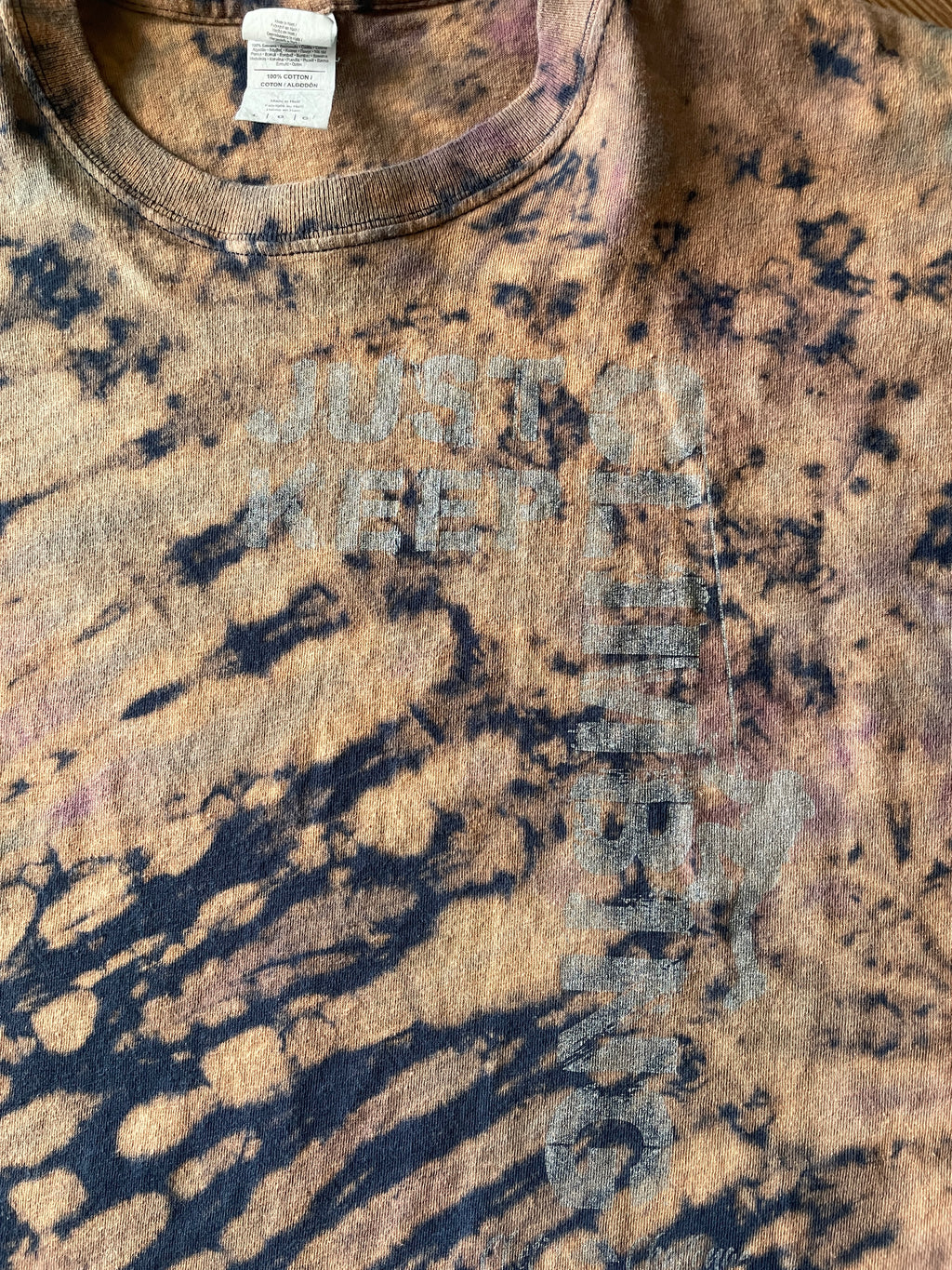 LARGE Men’s Just Keep Climbing Reverse Tie Dye T-Shirt | Blue and Brown Crumpled Bleach Dye Short Sleeve Top