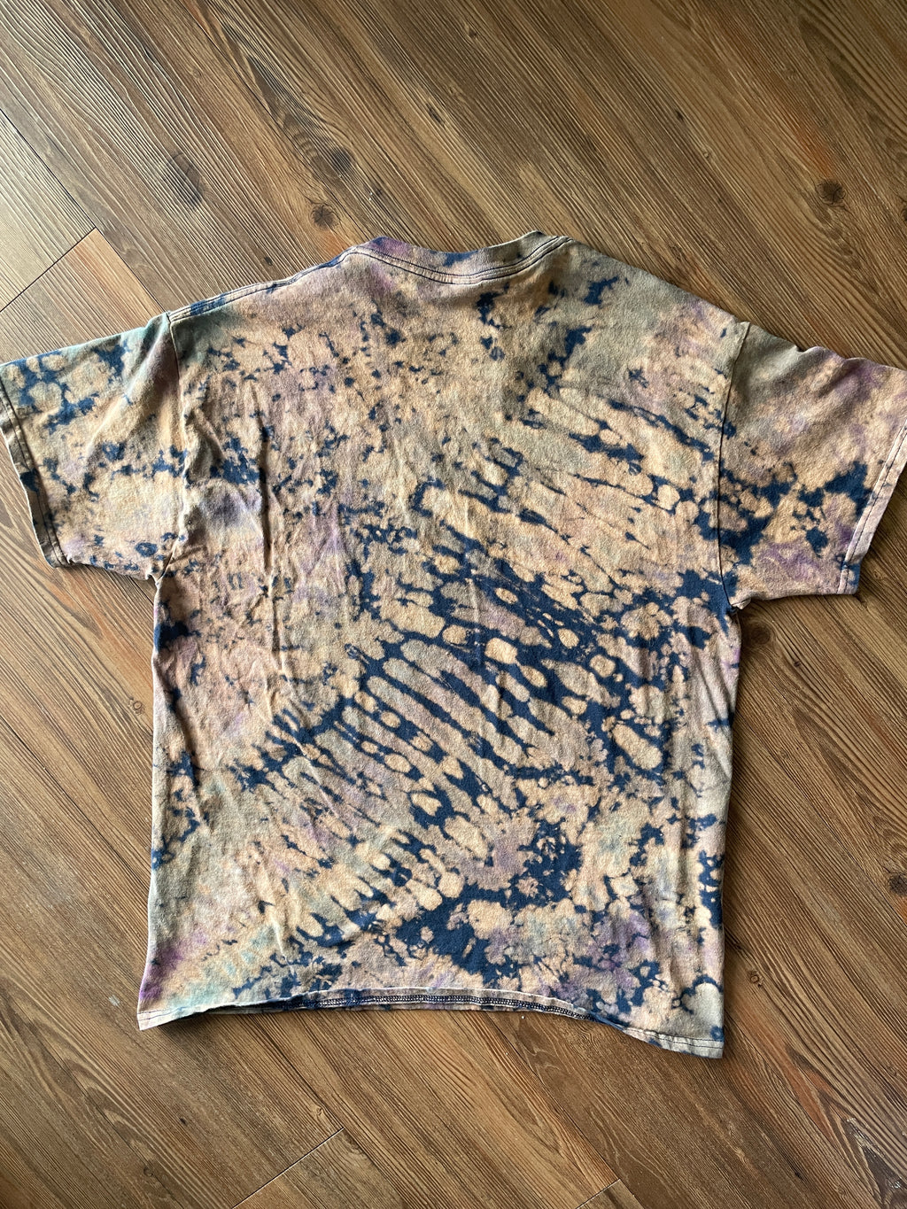 LARGE Men’s Just Keep Climbing Reverse Tie Dye T-Shirt | Blue and Brown Crumpled Bleach Dye Short Sleeve Top