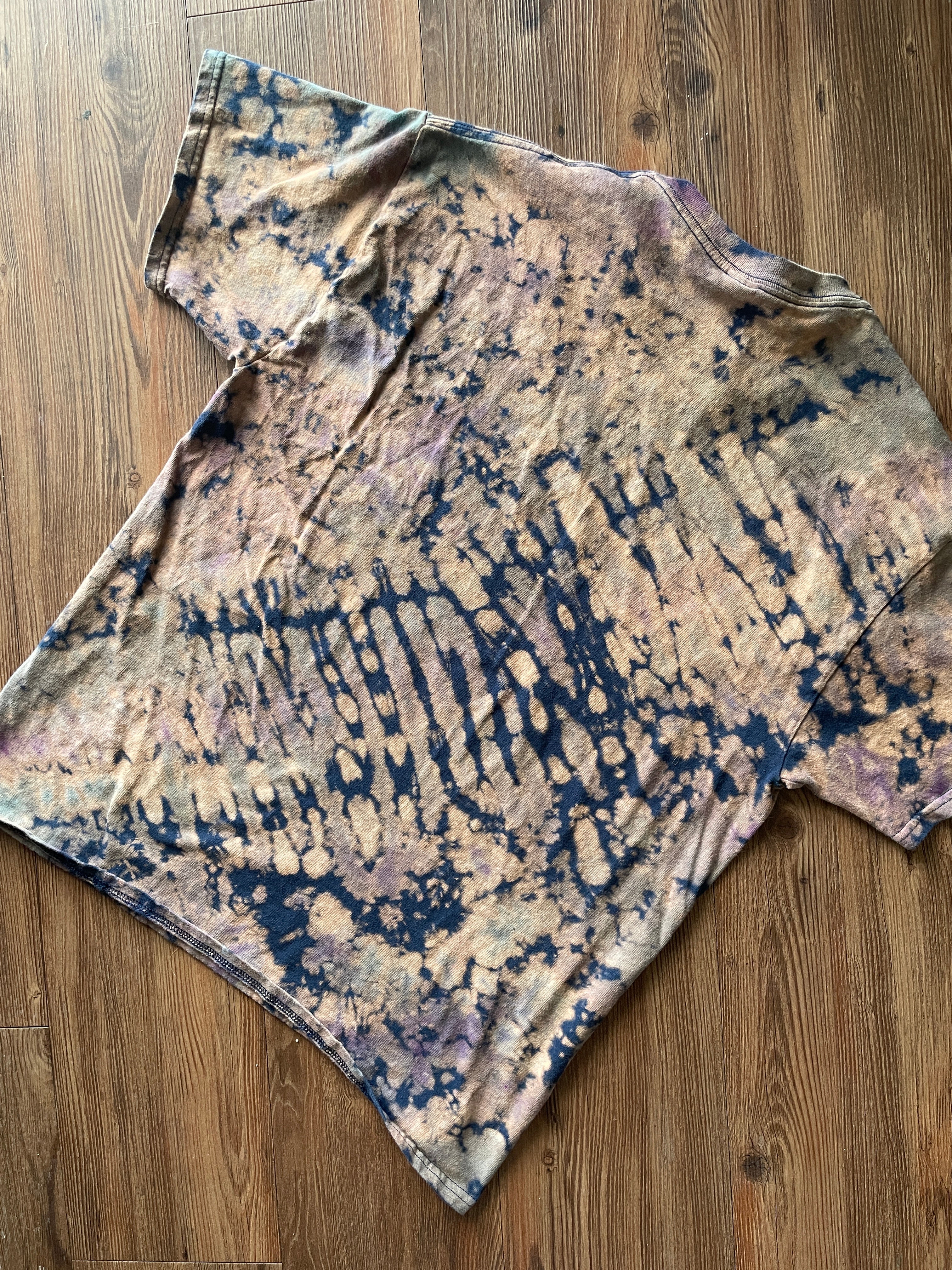 LARGE Men’s Just Keep Climbing Reverse Tie Dye T-Shirt | Blue and Brown Crumpled Bleach Dye Short Sleeve Top