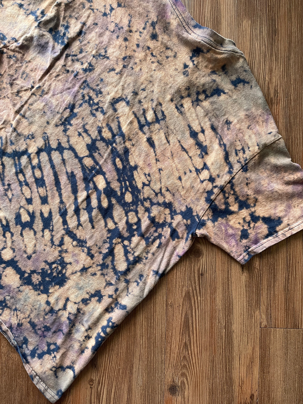 LARGE Men’s Just Keep Climbing Reverse Tie Dye T-Shirt | Blue and Brown Crumpled Bleach Dye Short Sleeve Top