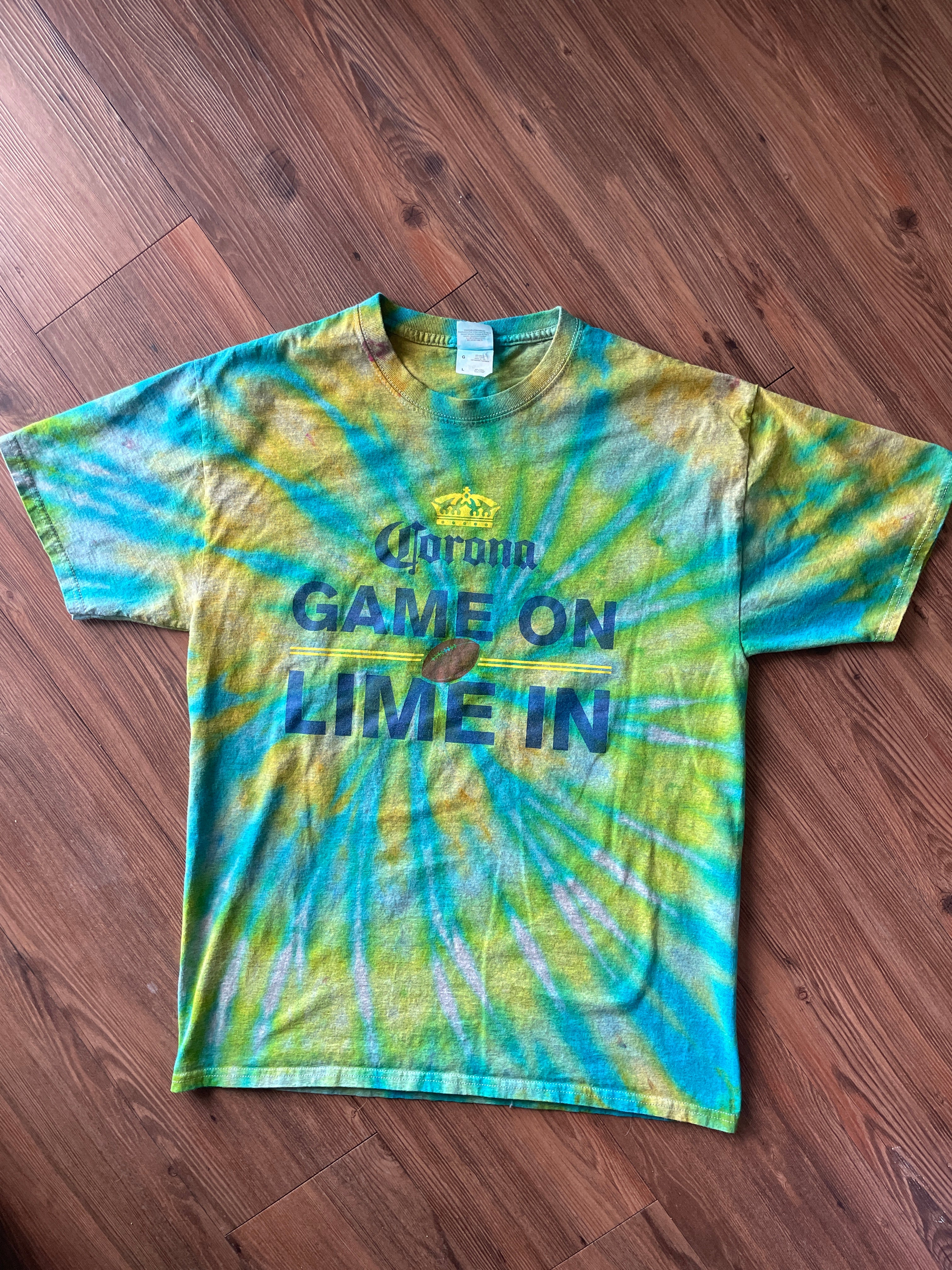Large Men’s Corona Game On, Lime In Tie Dye T-Shirt | Shades of Blue and Green Spiral Tie Dye Short Sleeve Top