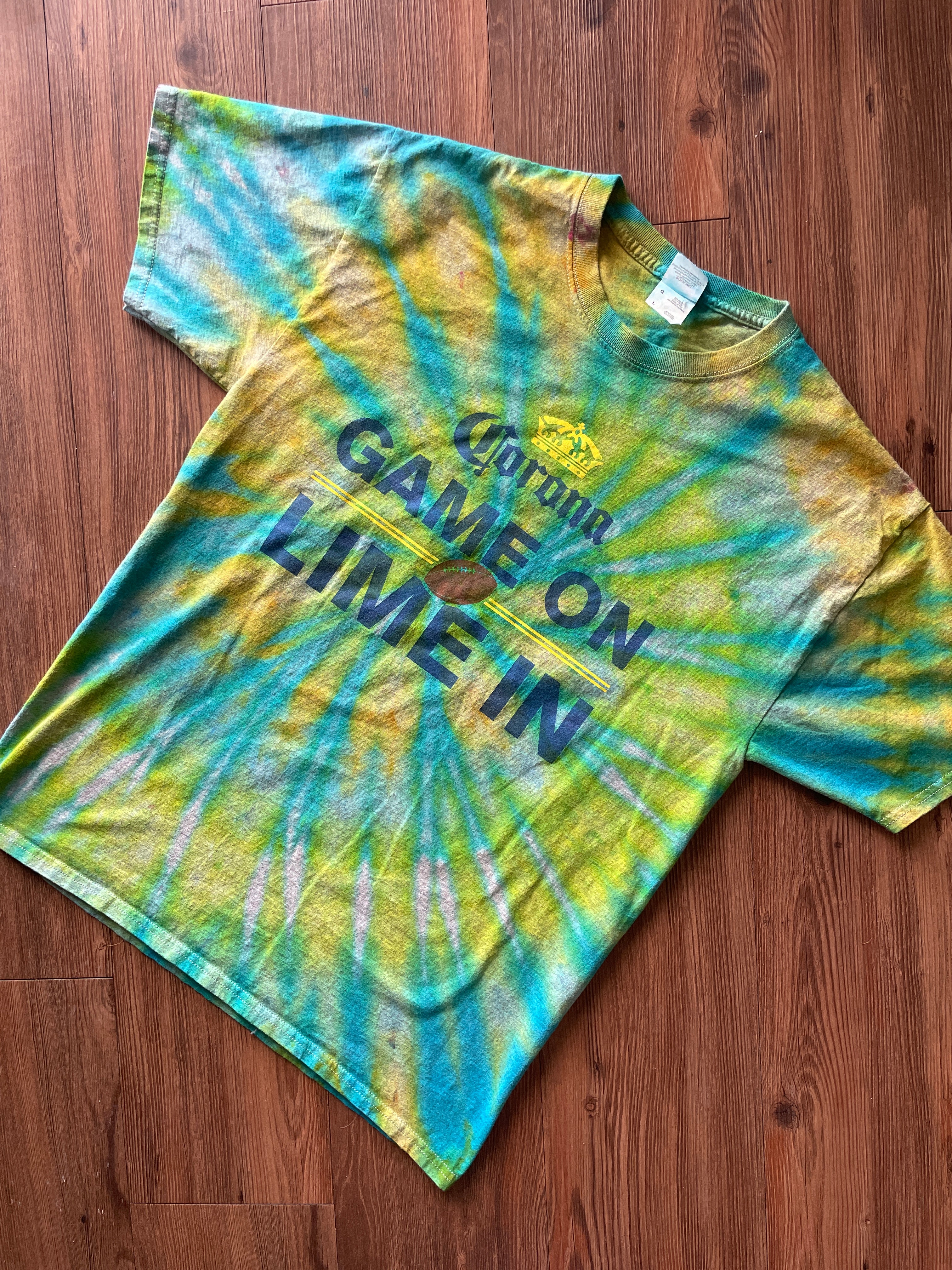 Large Men’s Corona Game On, Lime In Tie Dye T-Shirt | Shades of Blue and Green Spiral Tie Dye Short Sleeve Top