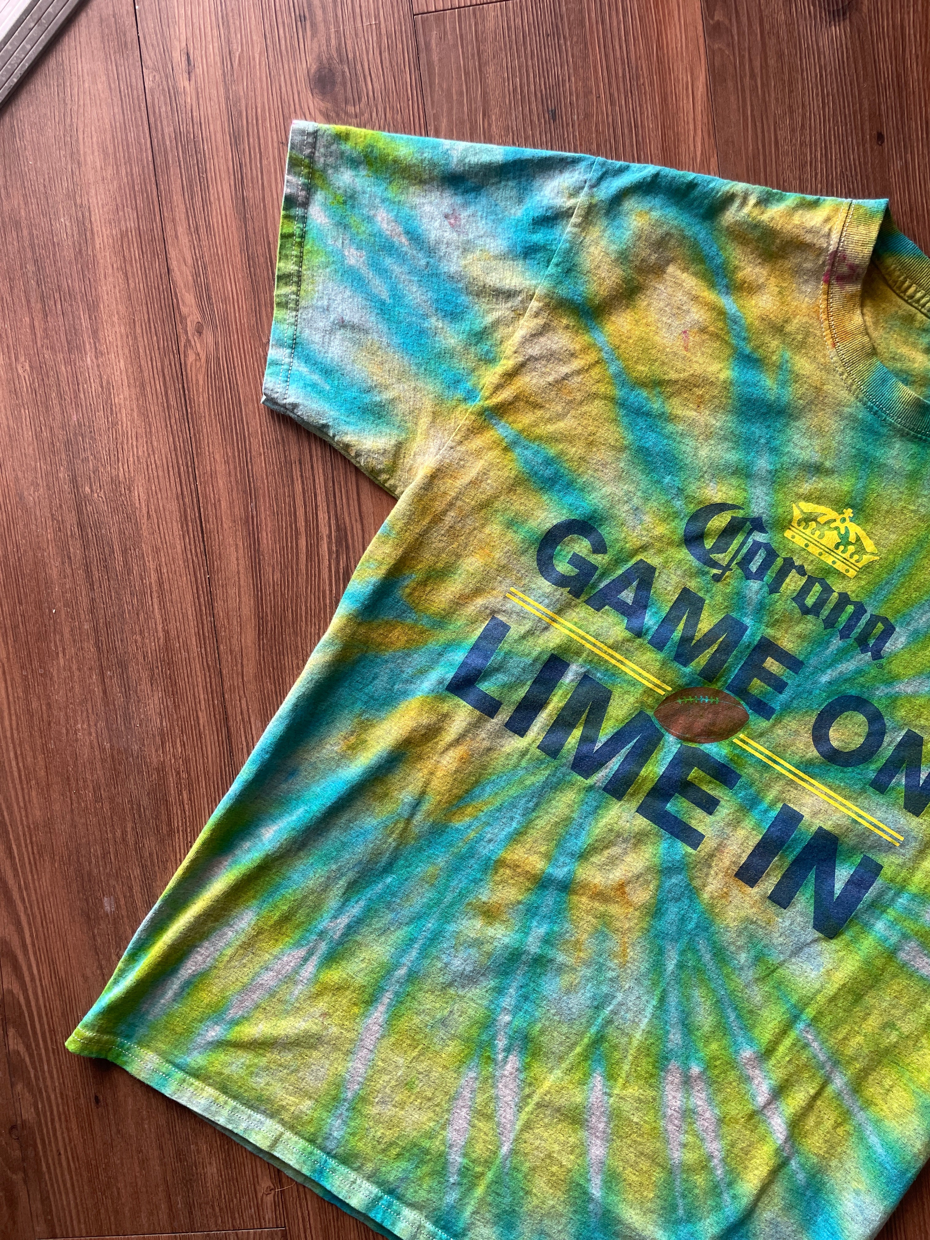 Large Men’s Corona Game On, Lime In Tie Dye T-Shirt | Shades of Blue and Green Spiral Tie Dye Short Sleeve Top