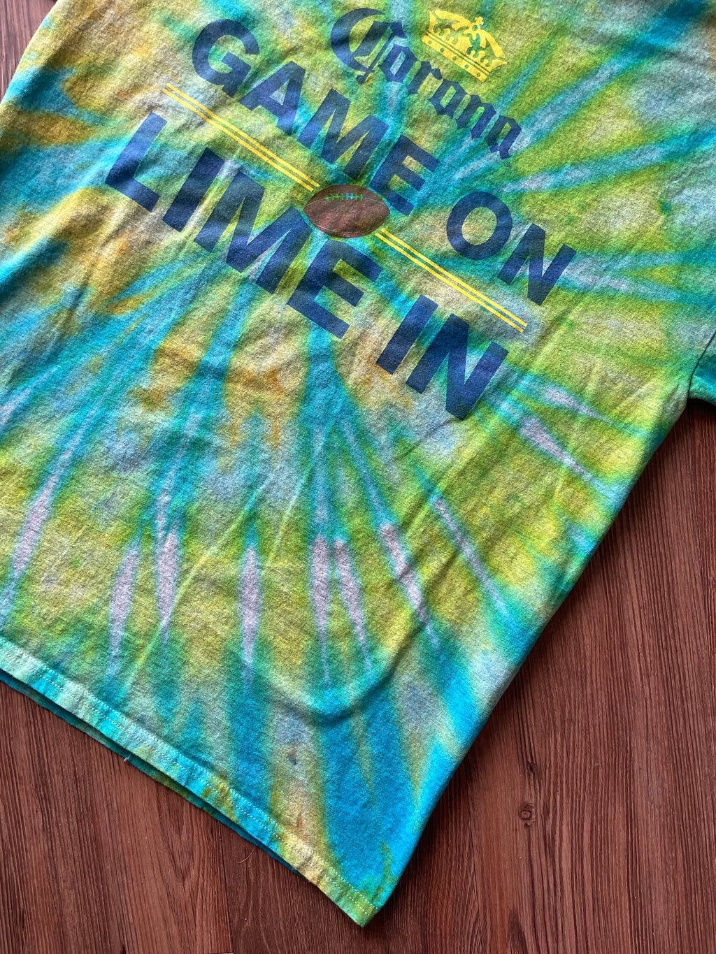 Large Men’s Corona Game On, Lime In Tie Dye T-Shirt | Shades of Blue and Green Spiral Tie Dye Short Sleeve Top
