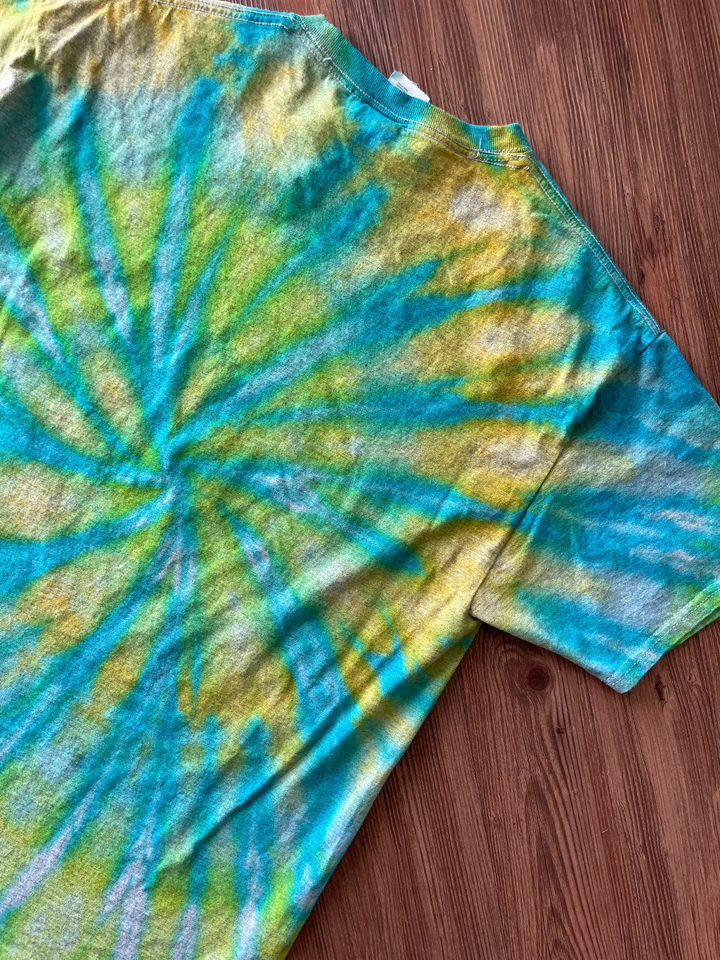Large Men’s Corona Game On, Lime In Tie Dye T-Shirt | Shades of Blue and Green Spiral Tie Dye Short Sleeve Top
