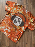 LARGE Men’s UNK Utah Jazz Basketball Headphones Tie Dye T-Shirt | Shades of Orange and Yellow Crumpled Fire Dye Short Sleeve Top