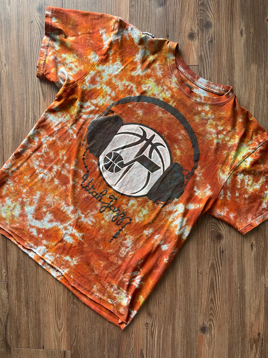 LARGE Men’s UNK Utah Jazz Basketball Headphones Tie Dye T-Shirt | Shades of Orange and Yellow Crumpled Fire Dye Short Sleeve Top