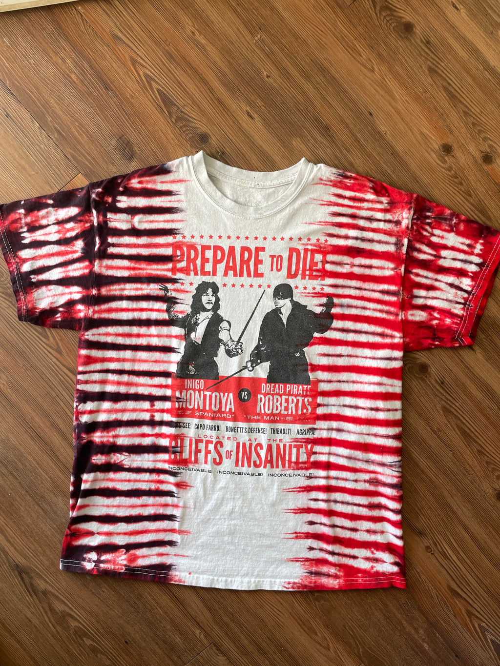 XL Men’s Princess Bride Inigo Montoya Prepare to Die T-Shirt | Red and Black Pleated Tie Dye Short Sleeve Top