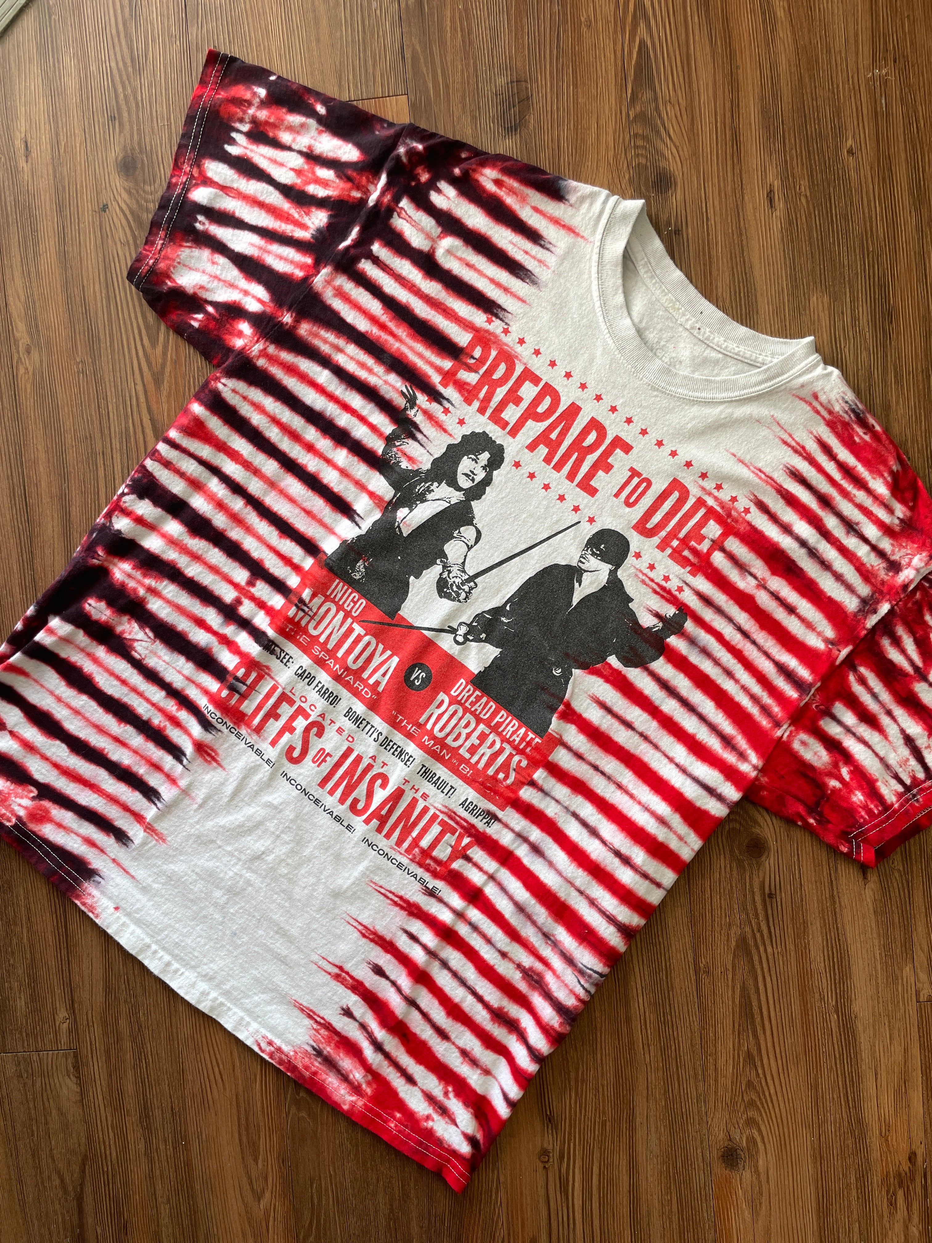 XL Men’s Princess Bride Inigo Montoya Prepare to Die T-Shirt | Red and Black Pleated Tie Dye Short Sleeve Top