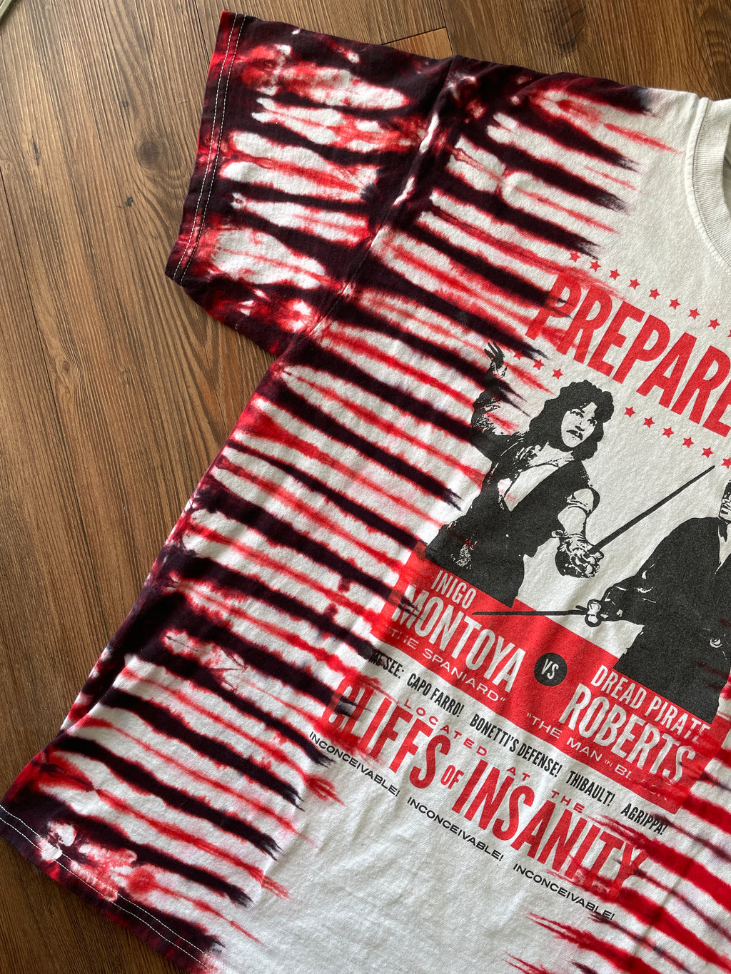 XL Men’s Princess Bride Inigo Montoya Prepare to Die T-Shirt | Red and Black Pleated Tie Dye Short Sleeve Top