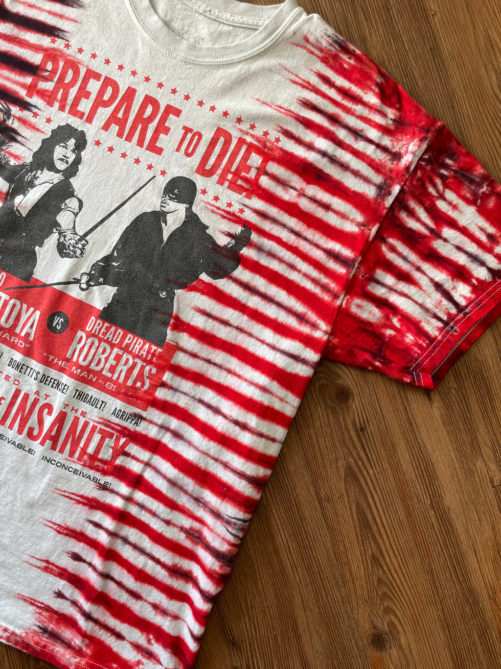 XL Men’s Princess Bride Inigo Montoya Prepare to Die T-Shirt | Red and Black Pleated Tie Dye Short Sleeve Top