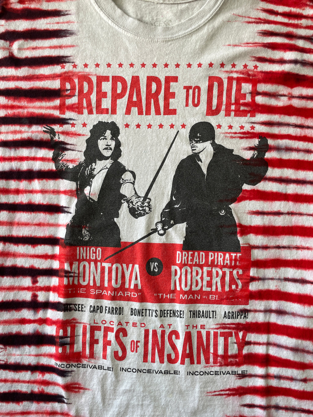 XL Men’s Princess Bride Inigo Montoya Prepare to Die T-Shirt | Red and Black Pleated Tie Dye Short Sleeve Top