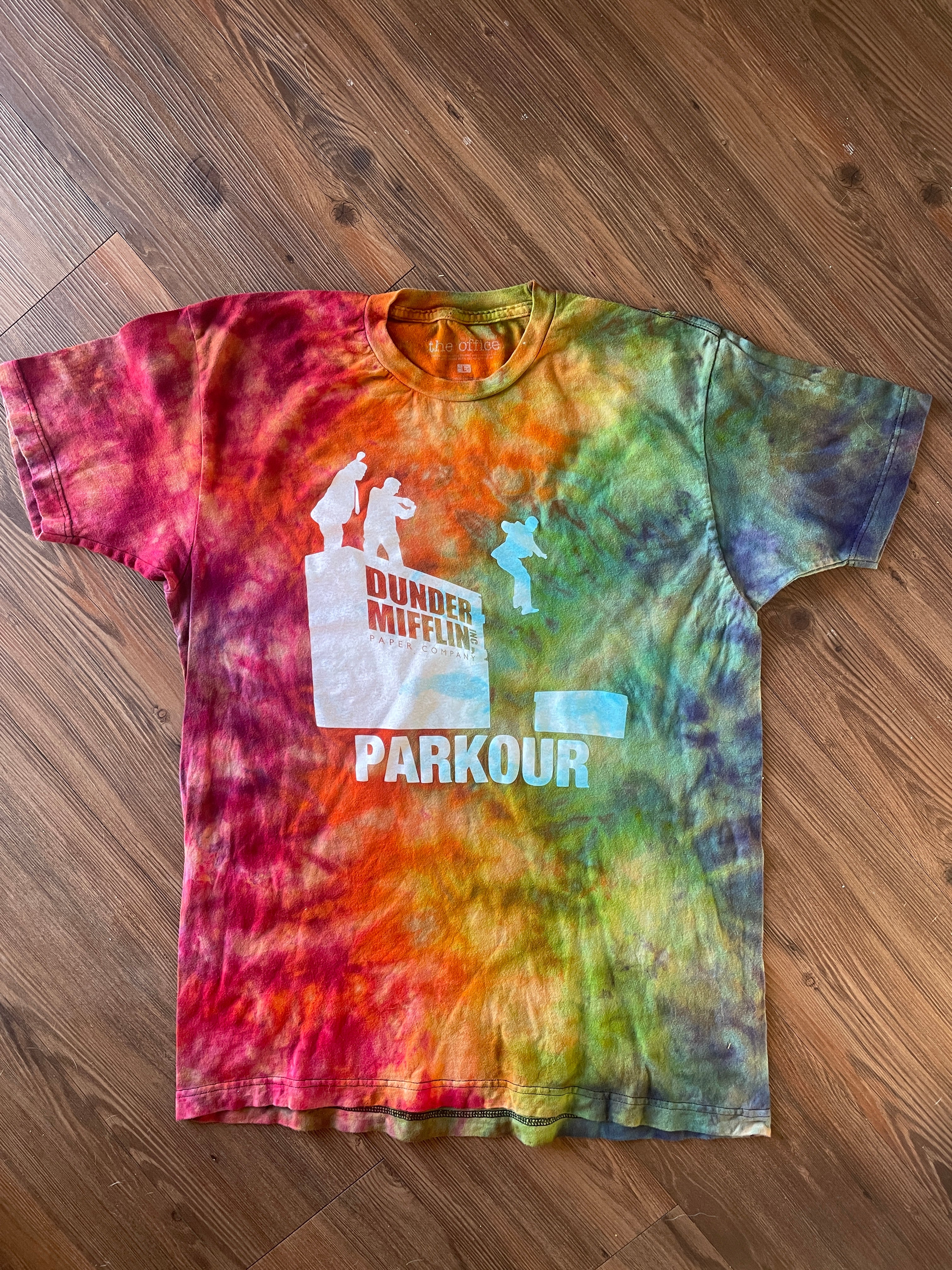 Large Men’s Dunder Mifflin Parkour Handmade Tie Dye T-Shirt | The Office Rainbow Reverse Galaxy Short Sleeve