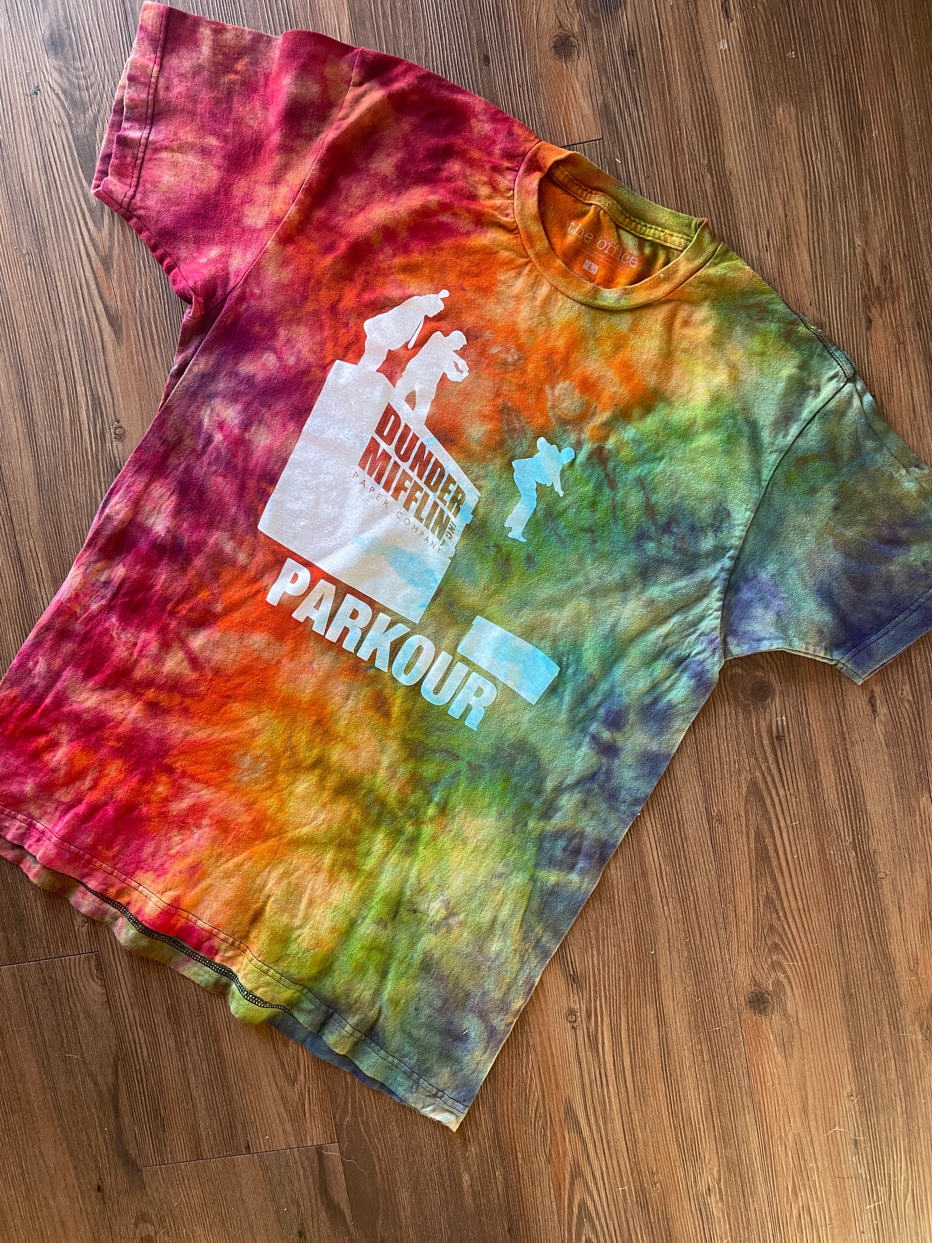 Large Men’s Dunder Mifflin Parkour Handmade Tie Dye T-Shirt | The Office Rainbow Reverse Galaxy Short Sleeve