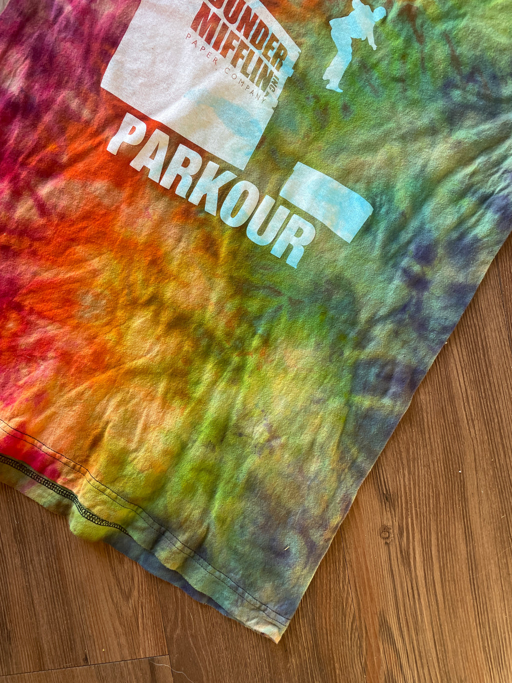 Large Men’s Dunder Mifflin Parkour Handmade Tie Dye T-Shirt | The Office Rainbow Reverse Galaxy Short Sleeve