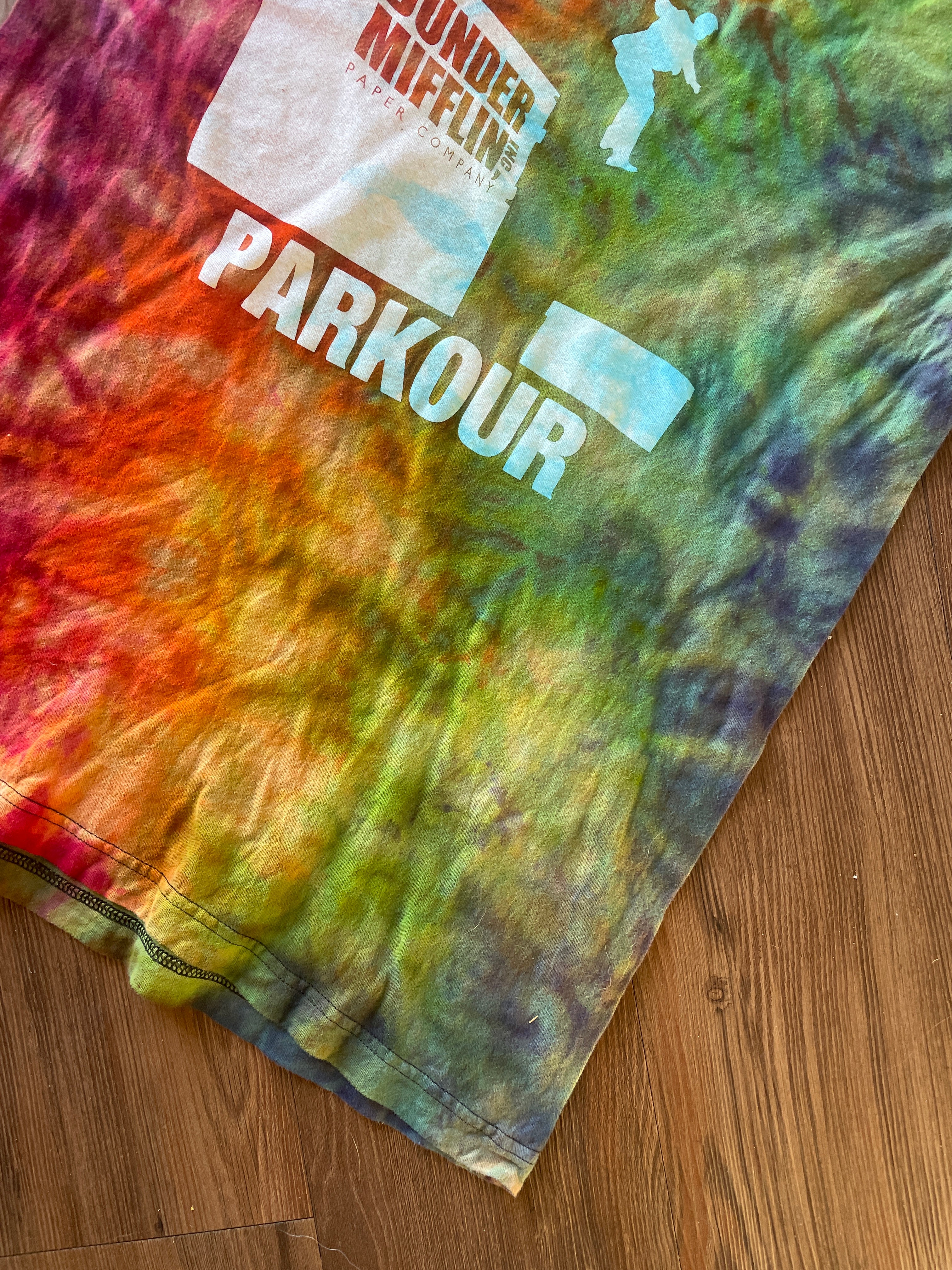 Large Men’s Dunder Mifflin Parkour Handmade Tie Dye T-Shirt | The Office Rainbow Reverse Galaxy Short Sleeve