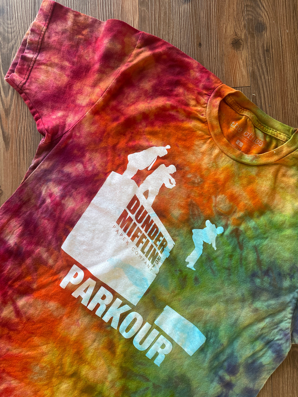 Large Men’s Dunder Mifflin Parkour Handmade Tie Dye T-Shirt | The Office Rainbow Reverse Galaxy Short Sleeve
