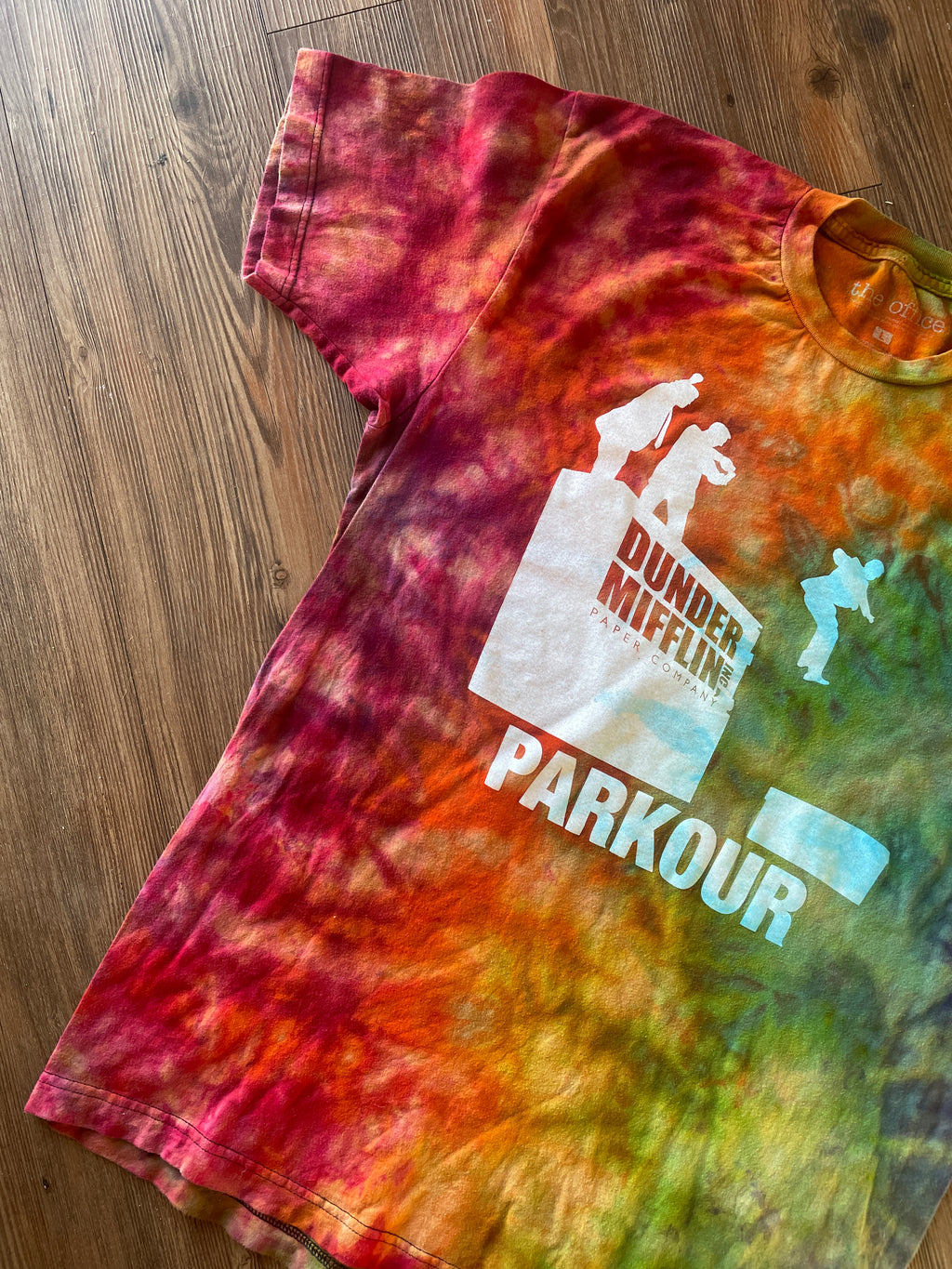 Large Men’s Dunder Mifflin Parkour Handmade Tie Dye T-Shirt | The Office Rainbow Reverse Galaxy Short Sleeve