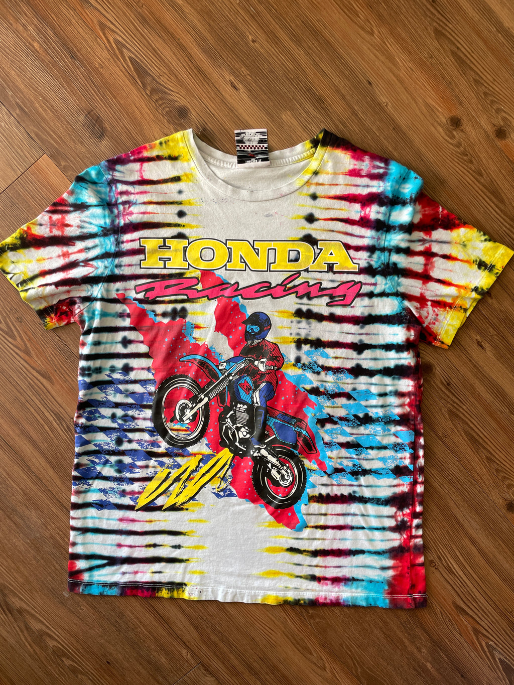 LARGE Men’s Honda Racing Motorcycle Tie Dye T-Shirt | Blue, Pink, Yellow, and Black Pleated Tie Dye Short Sleeve Top