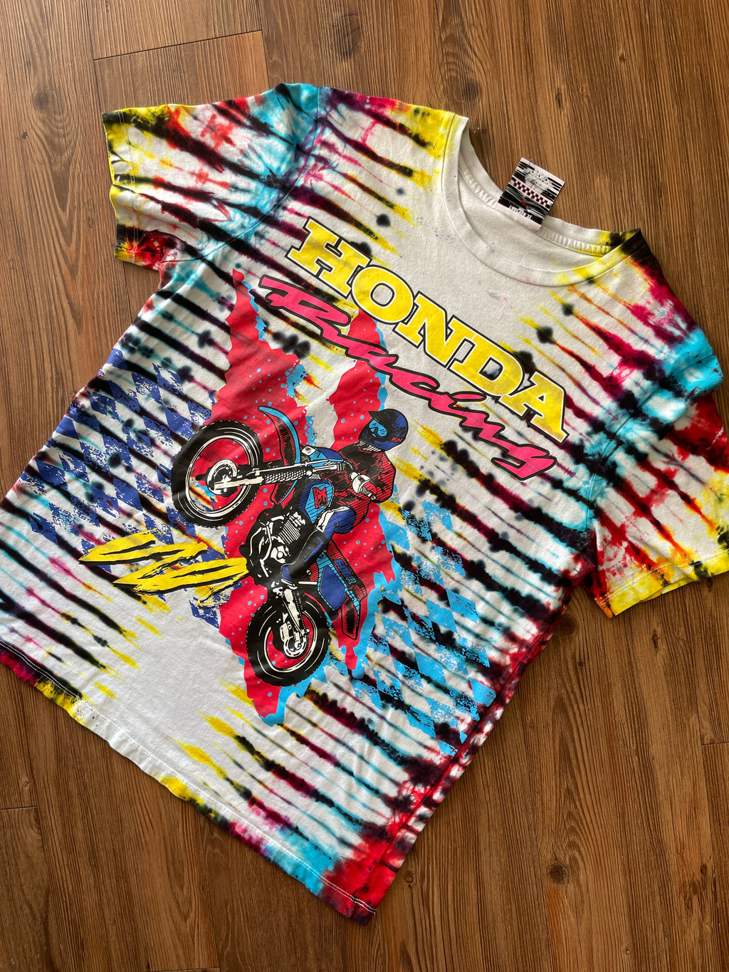 LARGE Men’s Honda Racing Motorcycle Tie Dye T-Shirt | Blue, Pink, Yellow, and Black Pleated Tie Dye Short Sleeve Top