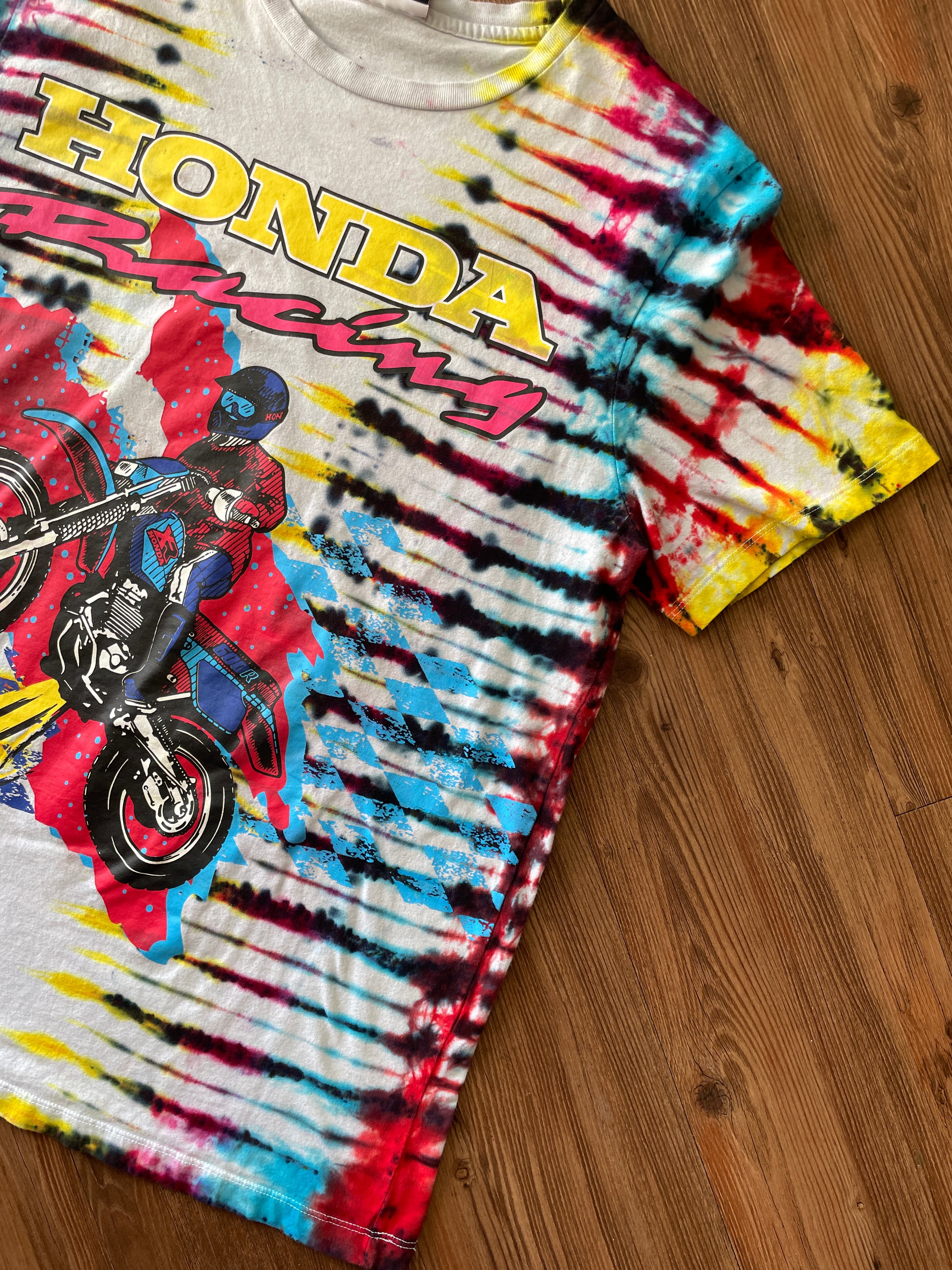 LARGE Men’s Honda Racing Motorcycle Tie Dye T-Shirt | Blue, Pink, Yellow, and Black Pleated Tie Dye Short Sleeve Top