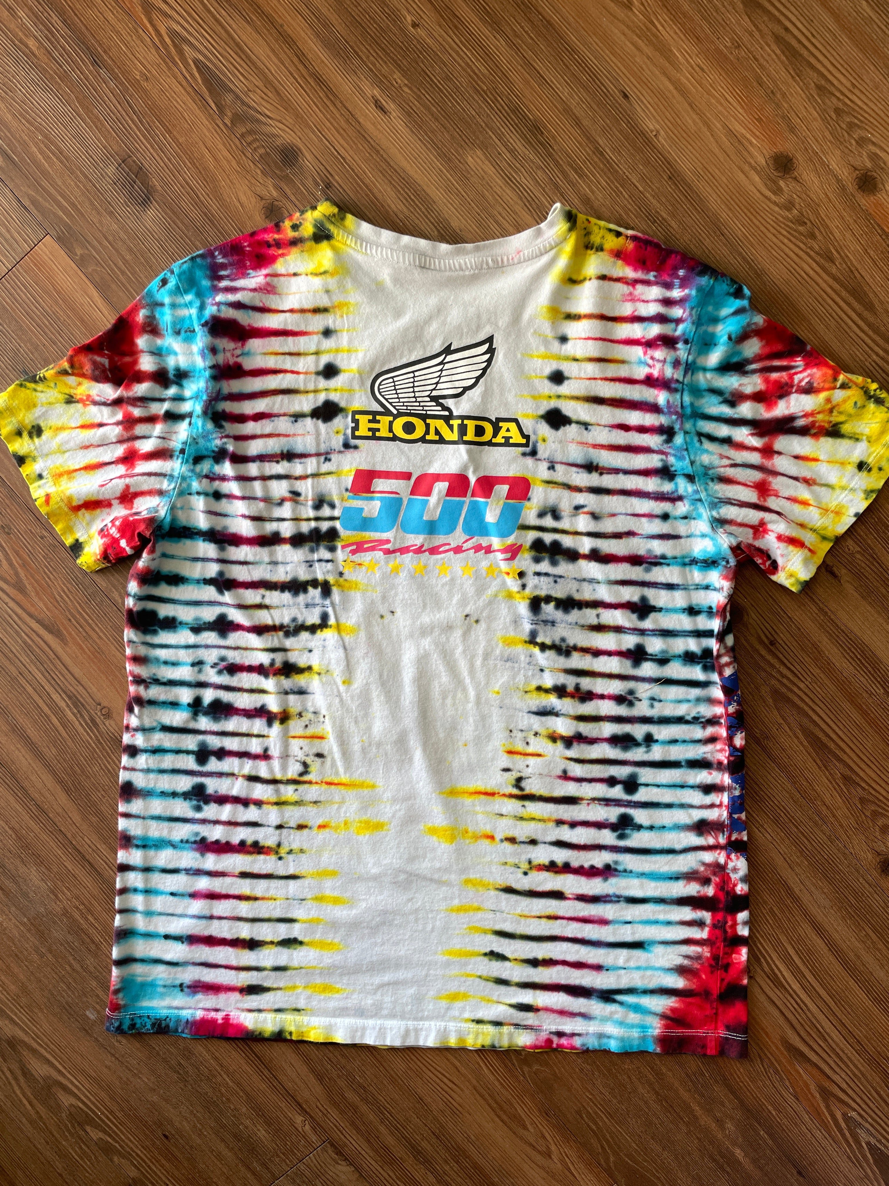 LARGE Men’s Honda Racing Motorcycle Tie Dye T-Shirt | Blue, Pink, Yellow, and Black Pleated Tie Dye Short Sleeve Top