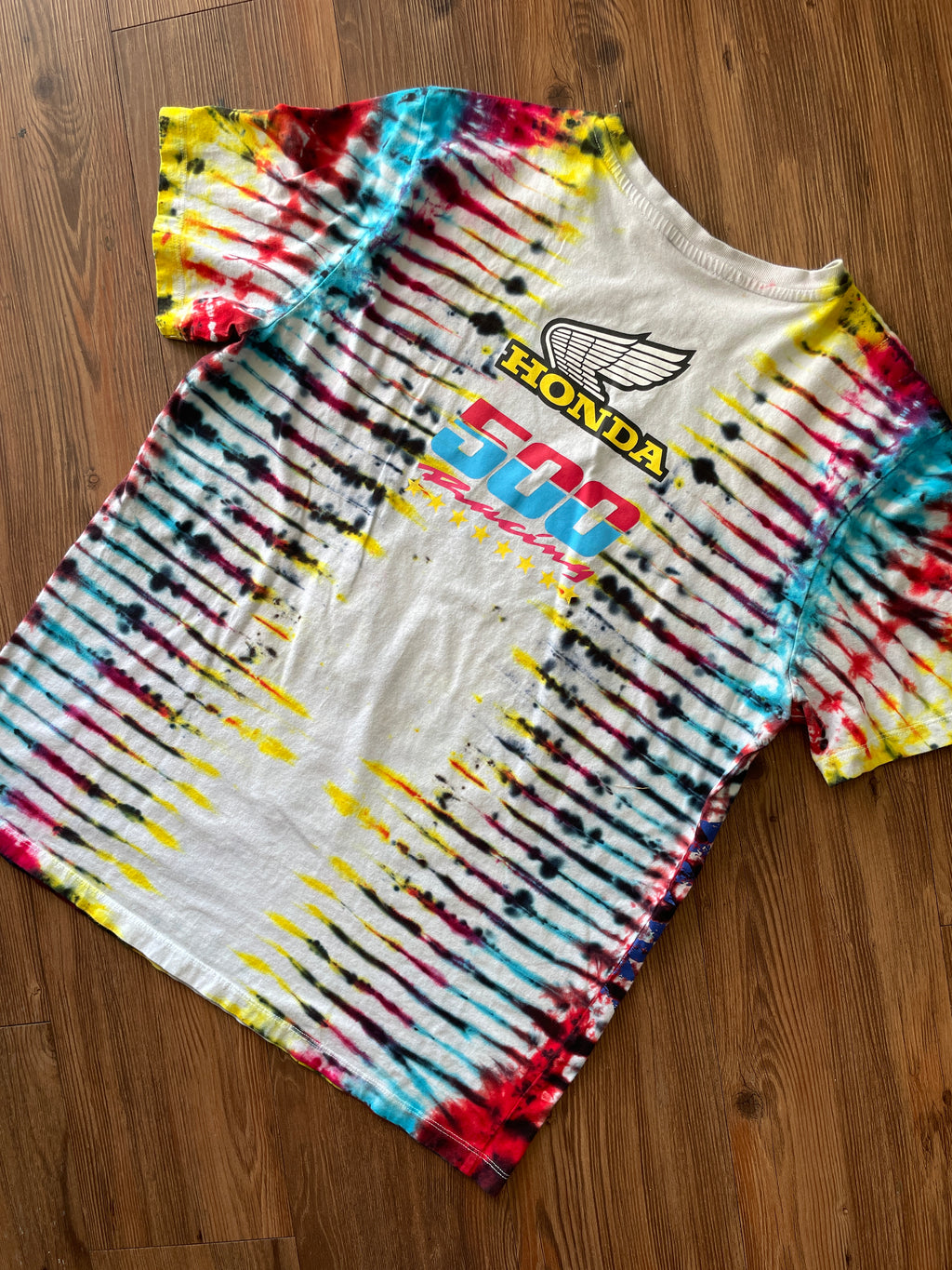 LARGE Men’s Honda Racing Motorcycle Tie Dye T-Shirt | Blue, Pink, Yellow, and Black Pleated Tie Dye Short Sleeve Top