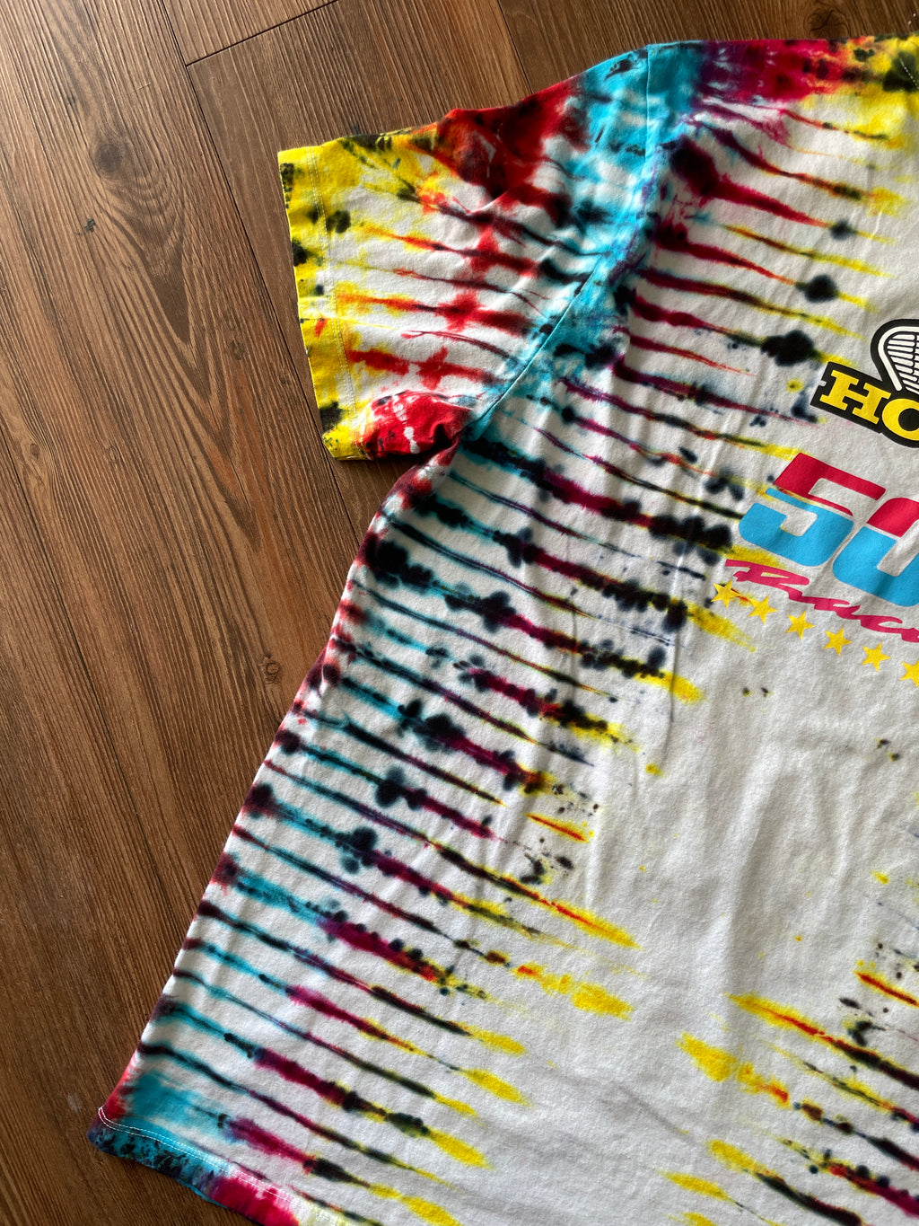 LARGE Men’s Honda Racing Motorcycle Tie Dye T-Shirt | Blue, Pink, Yellow, and Black Pleated Tie Dye Short Sleeve Top