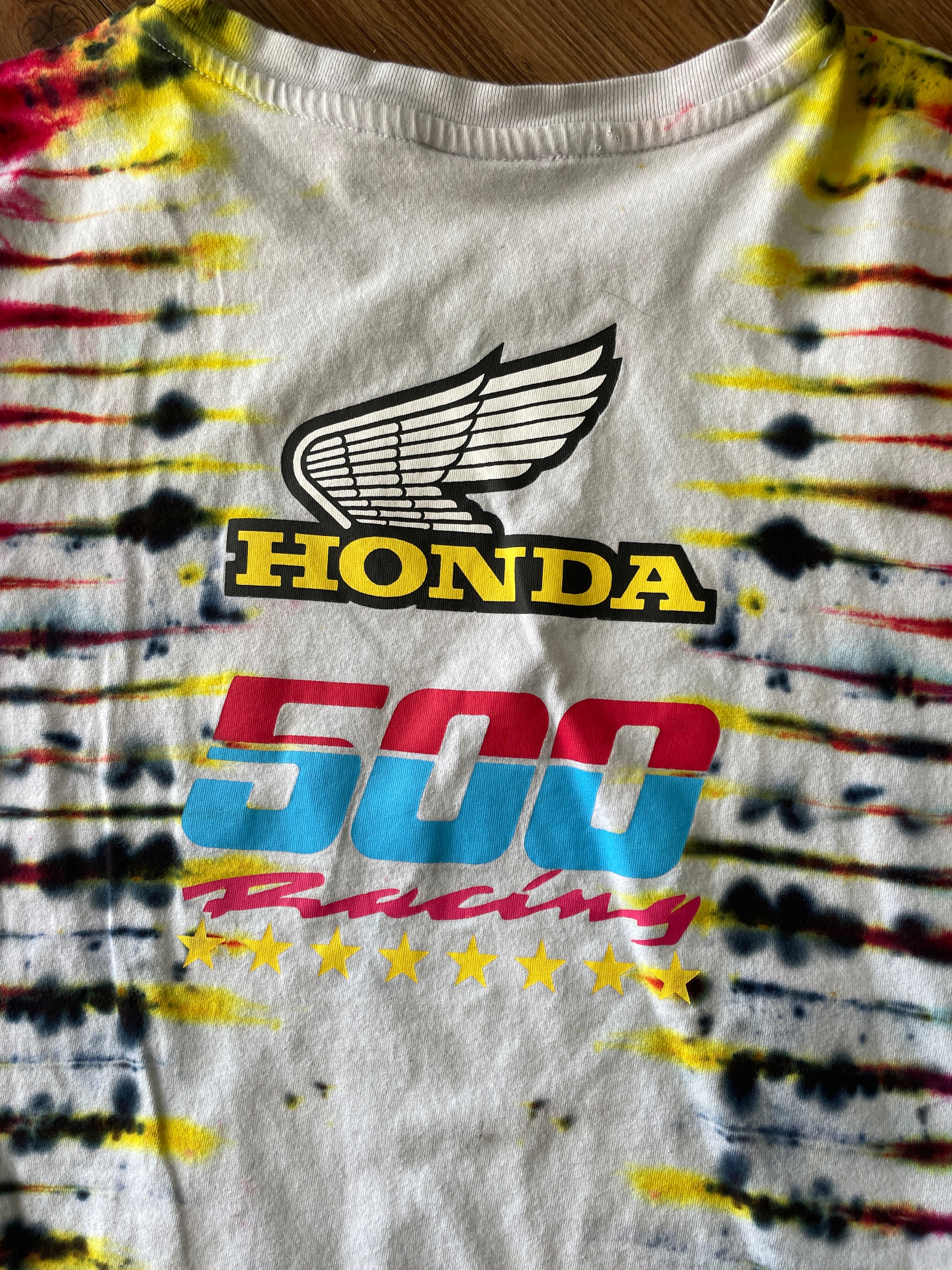 LARGE Men’s Honda Racing Motorcycle Tie Dye T-Shirt | Blue, Pink, Yellow, and Black Pleated Tie Dye Short Sleeve Top