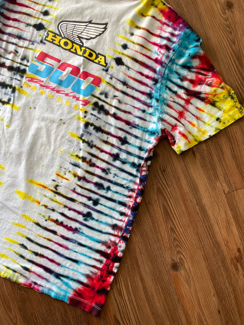 LARGE Men’s Honda Racing Motorcycle Tie Dye T-Shirt | Blue, Pink, Yellow, and Black Pleated Tie Dye Short Sleeve Top