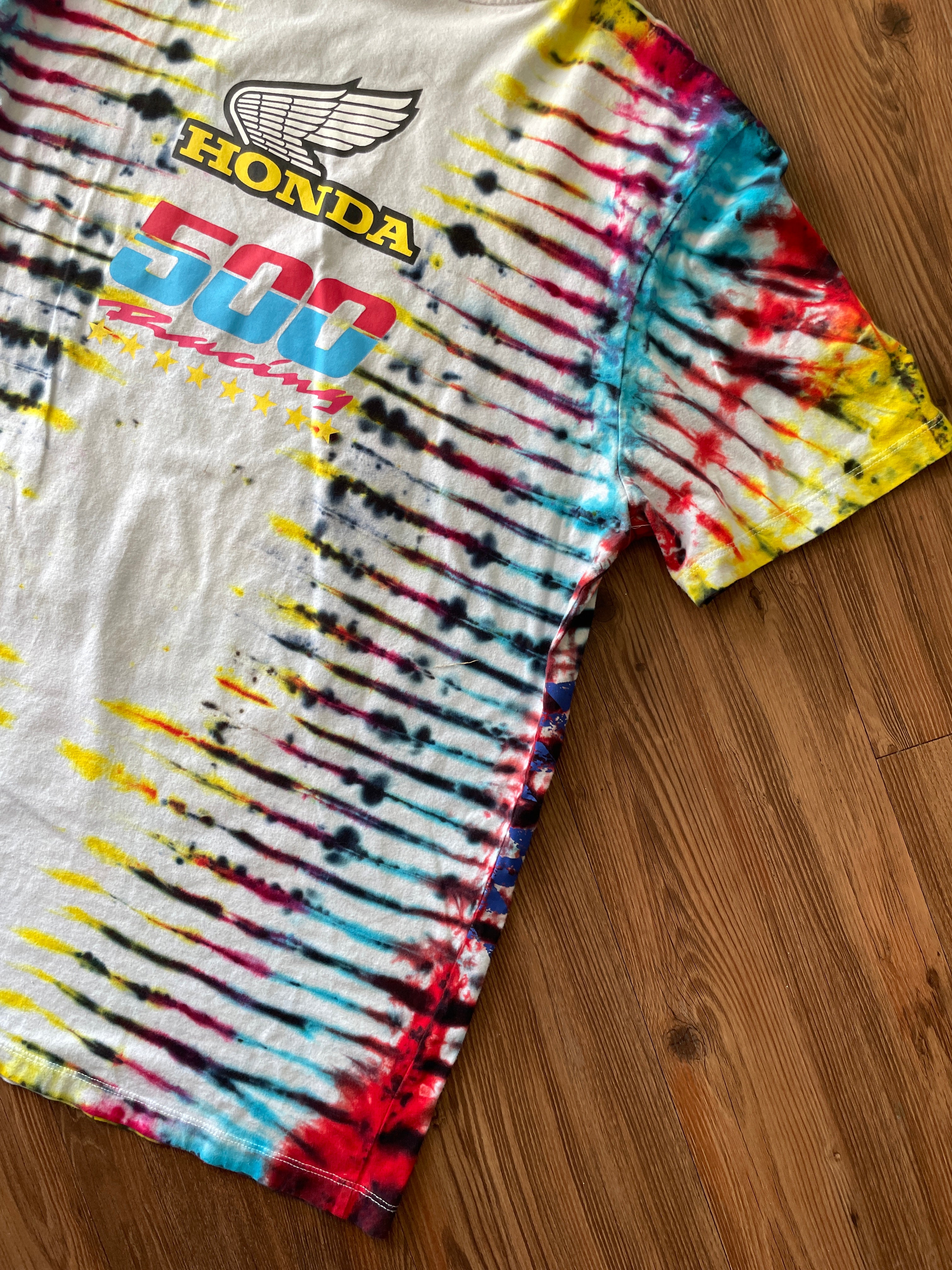 LARGE Men’s Honda Racing Motorcycle Tie Dye T-Shirt | Blue, Pink, Yellow, and Black Pleated Tie Dye Short Sleeve Top