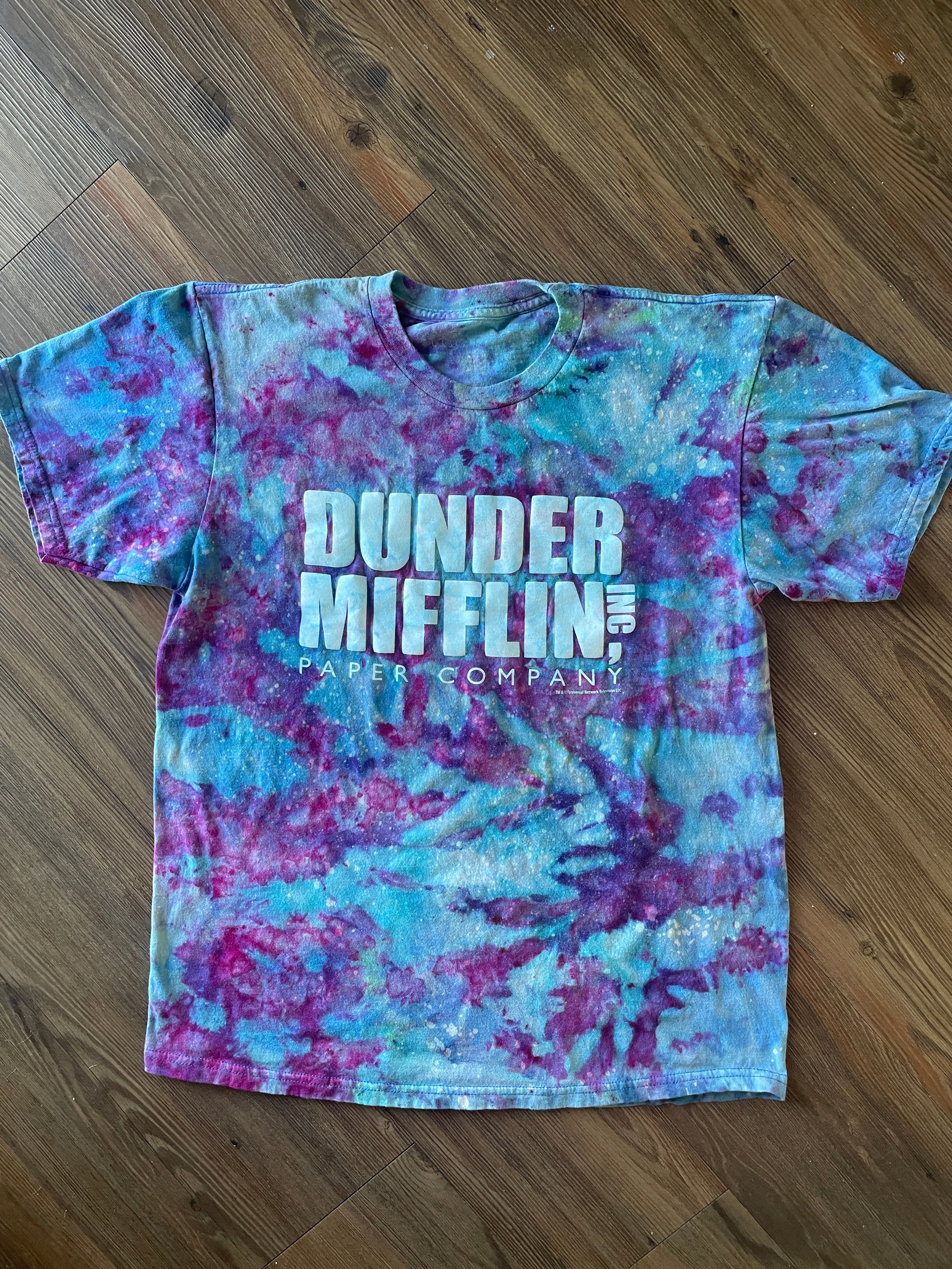 Large Men’s Dunder Mifflin Paper Handmade Tie Dye T-Shirt | The Office Galaxy Ice Dye Short Sleeve