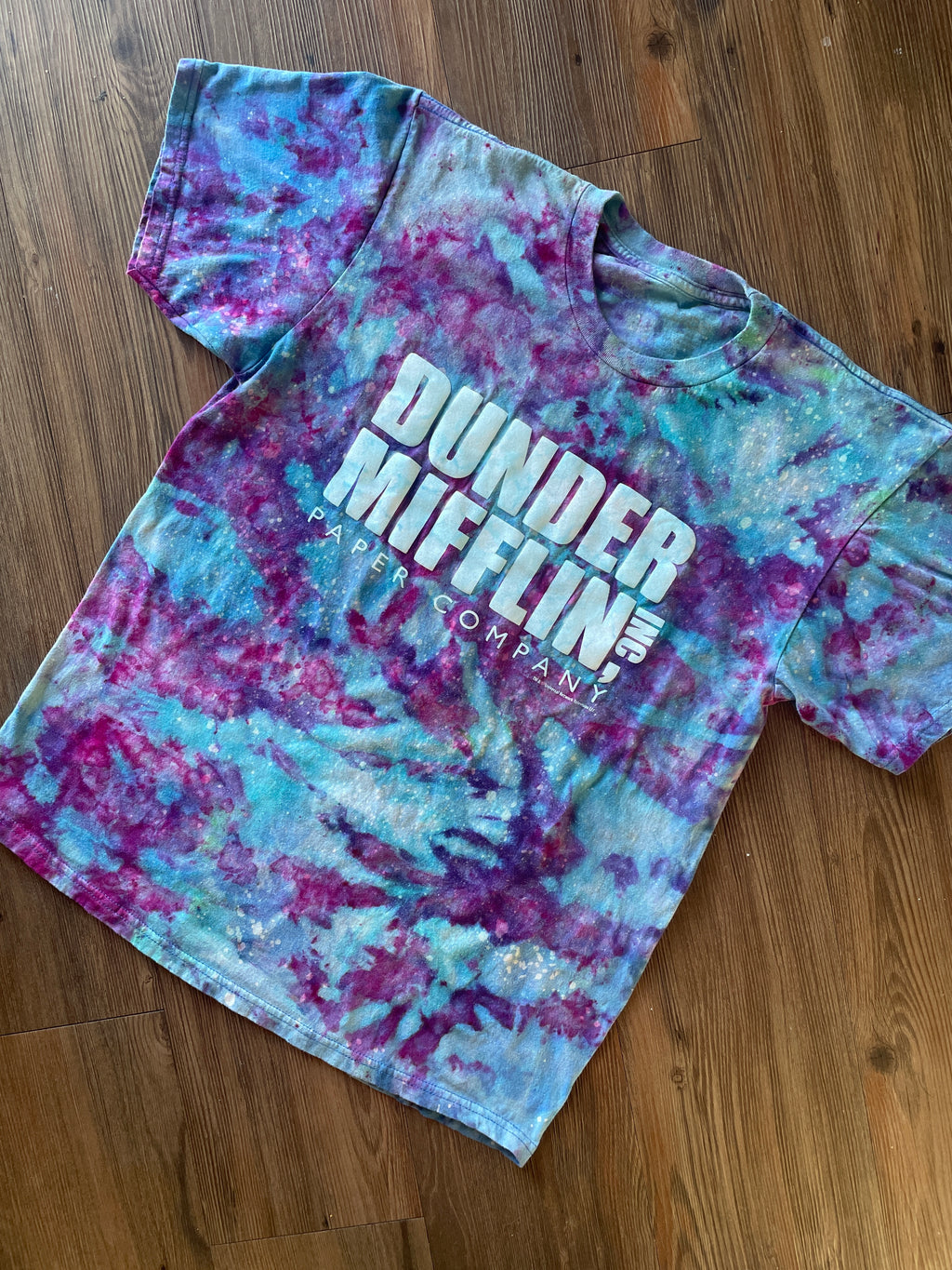 Large Men’s Dunder Mifflin Paper Handmade Tie Dye T-Shirt | The Office Galaxy Ice Dye Short Sleeve