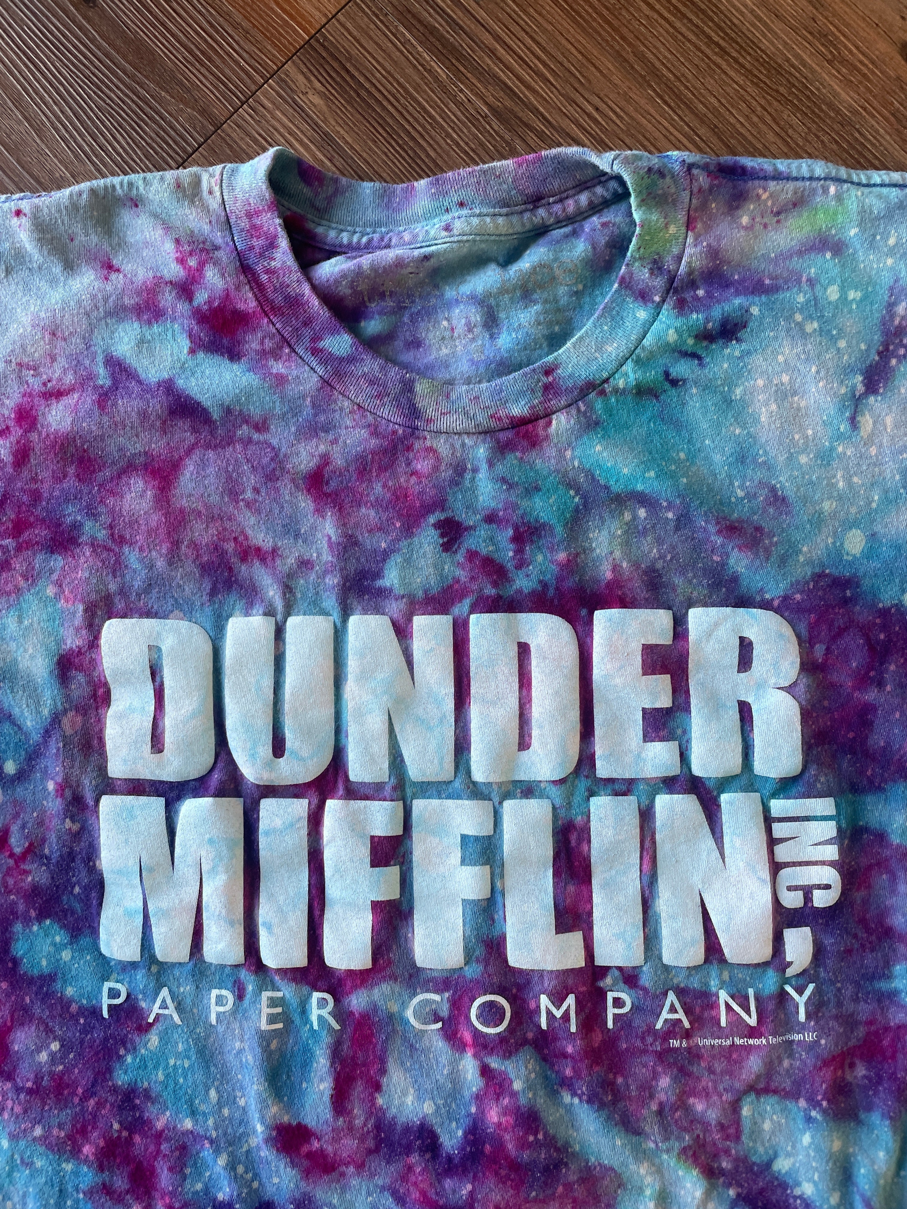 Large Men’s Dunder Mifflin Paper Handmade Tie Dye T-Shirt | The Office Galaxy Ice Dye Short Sleeve