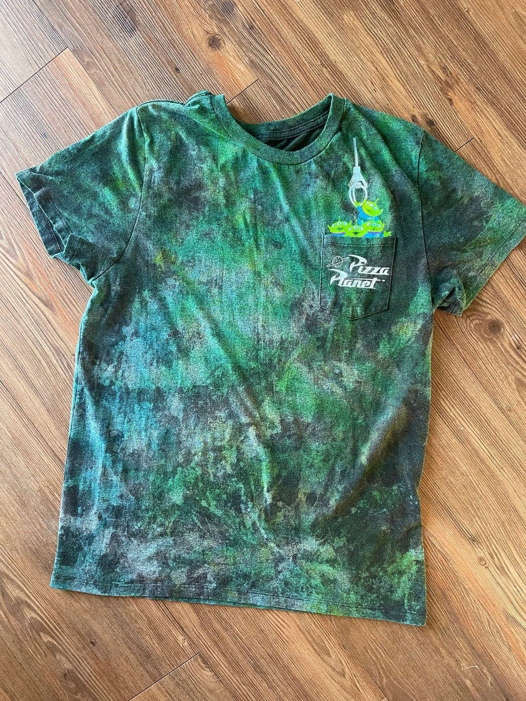 Medium Men’s Pizza Planet Handmade Tie Dye T-Shirt | Black and Green Toy Story Reverse Galaxy Short Sleeve