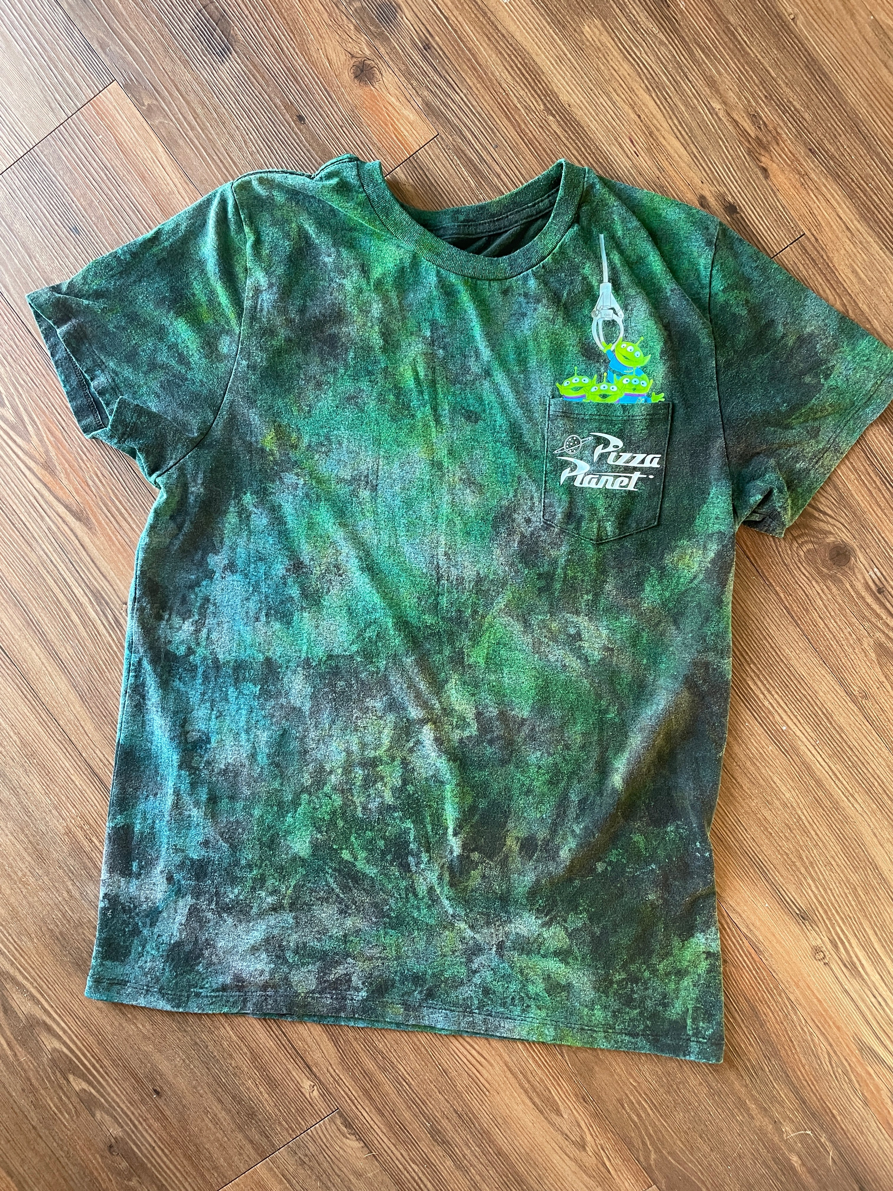 Medium Men’s Pizza Planet Handmade Tie Dye T-Shirt | Black and Green Toy Story Reverse Galaxy Short Sleeve