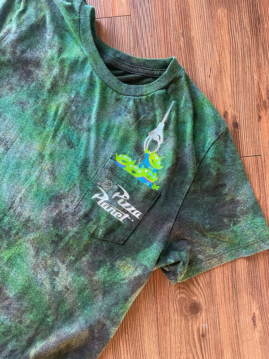 Medium Men’s Pizza Planet Handmade Tie Dye T-Shirt | Black and Green Toy Story Reverse Galaxy Short Sleeve