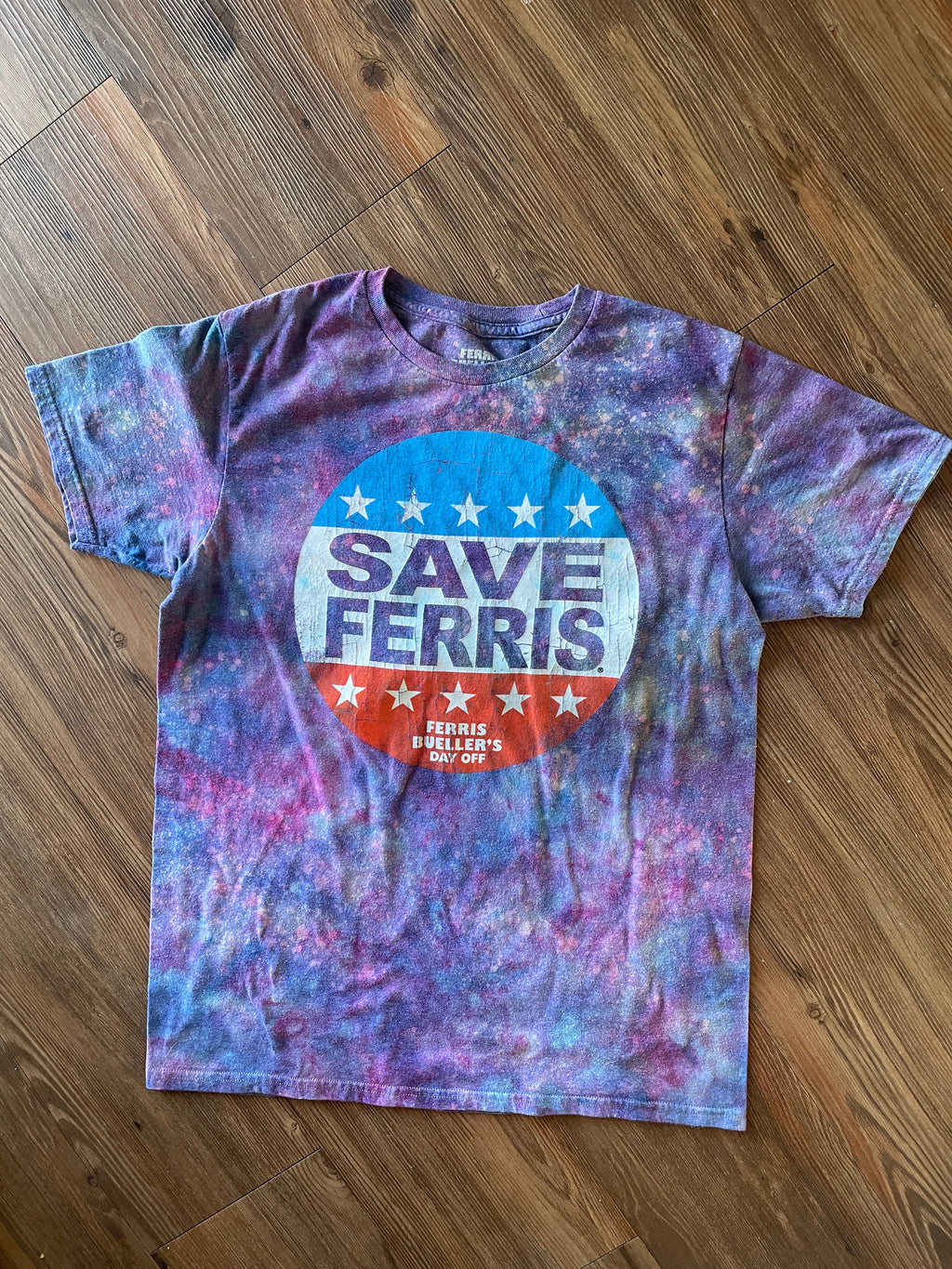 Medium Women’s Save Ferris Handmade Galaxy Tie Dye T-Shirt | Ferris Bueller’s Day Off Reverse Galaxy Short Sleeve