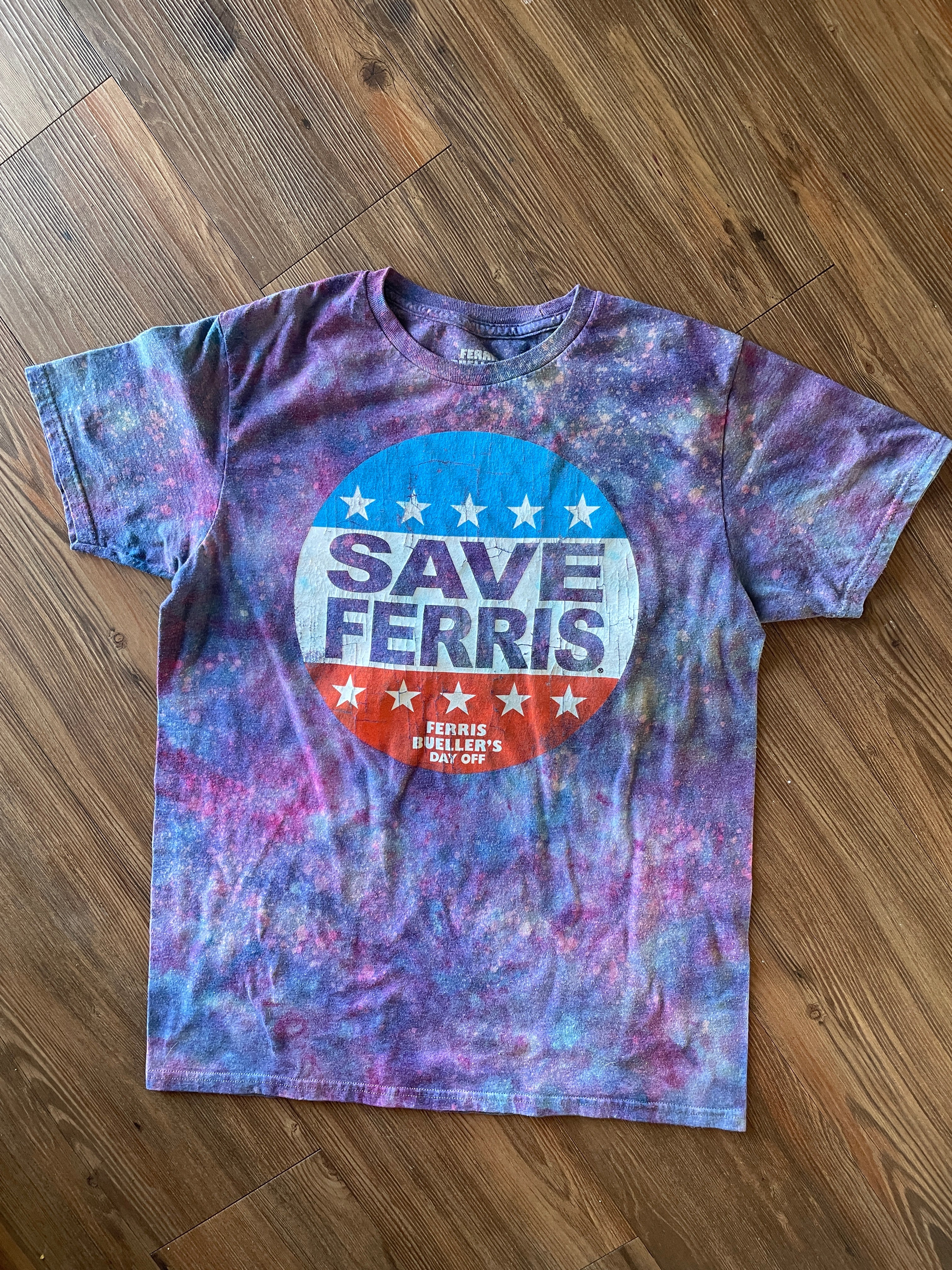 Medium Women’s Save Ferris Handmade Galaxy Tie Dye T-Shirt | Ferris Bueller’s Day Off Reverse Galaxy Short Sleeve