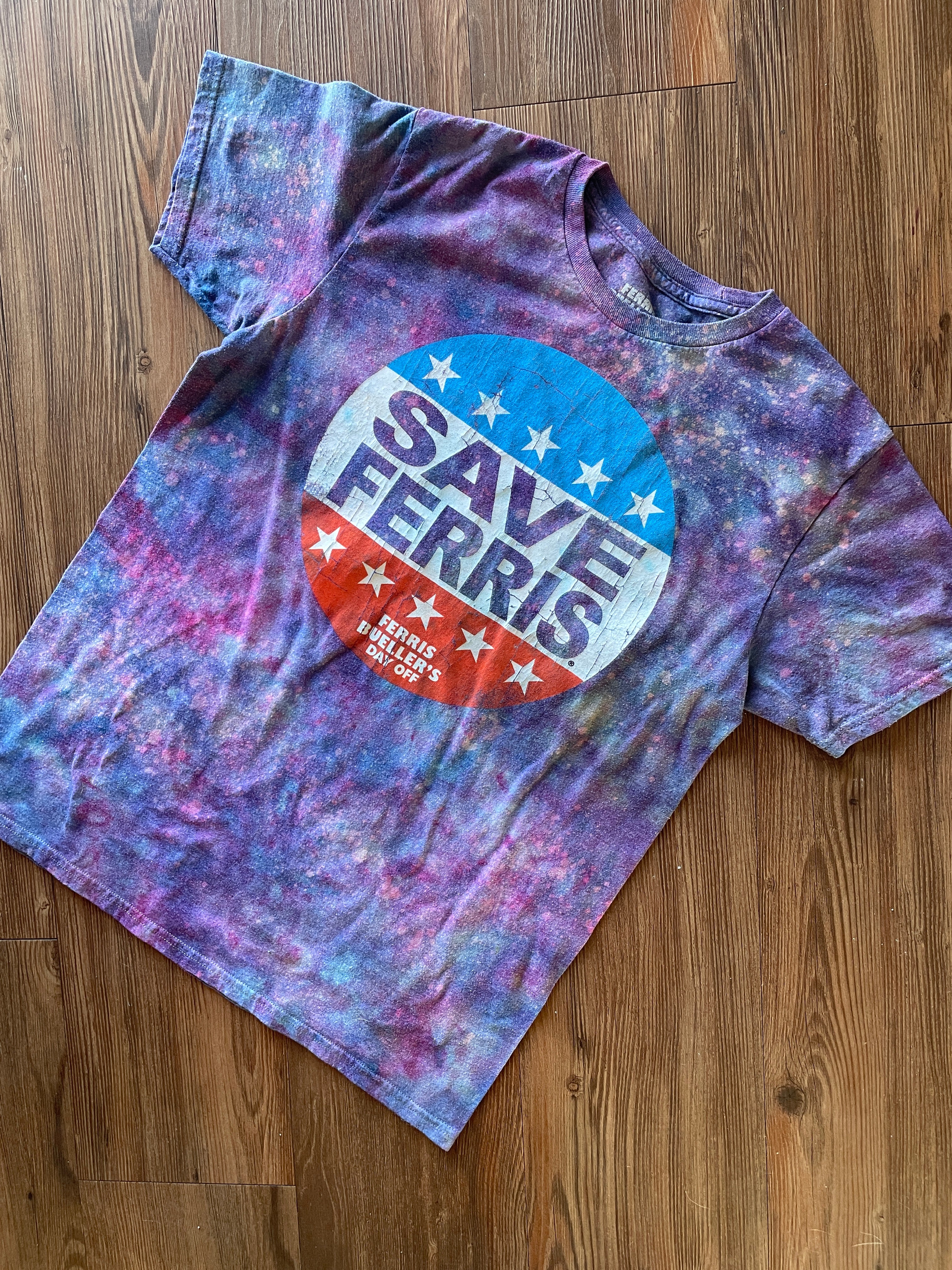 Medium Women’s Save Ferris Handmade Galaxy Tie Dye T-Shirt | Ferris Bueller’s Day Off Reverse Galaxy Short Sleeve