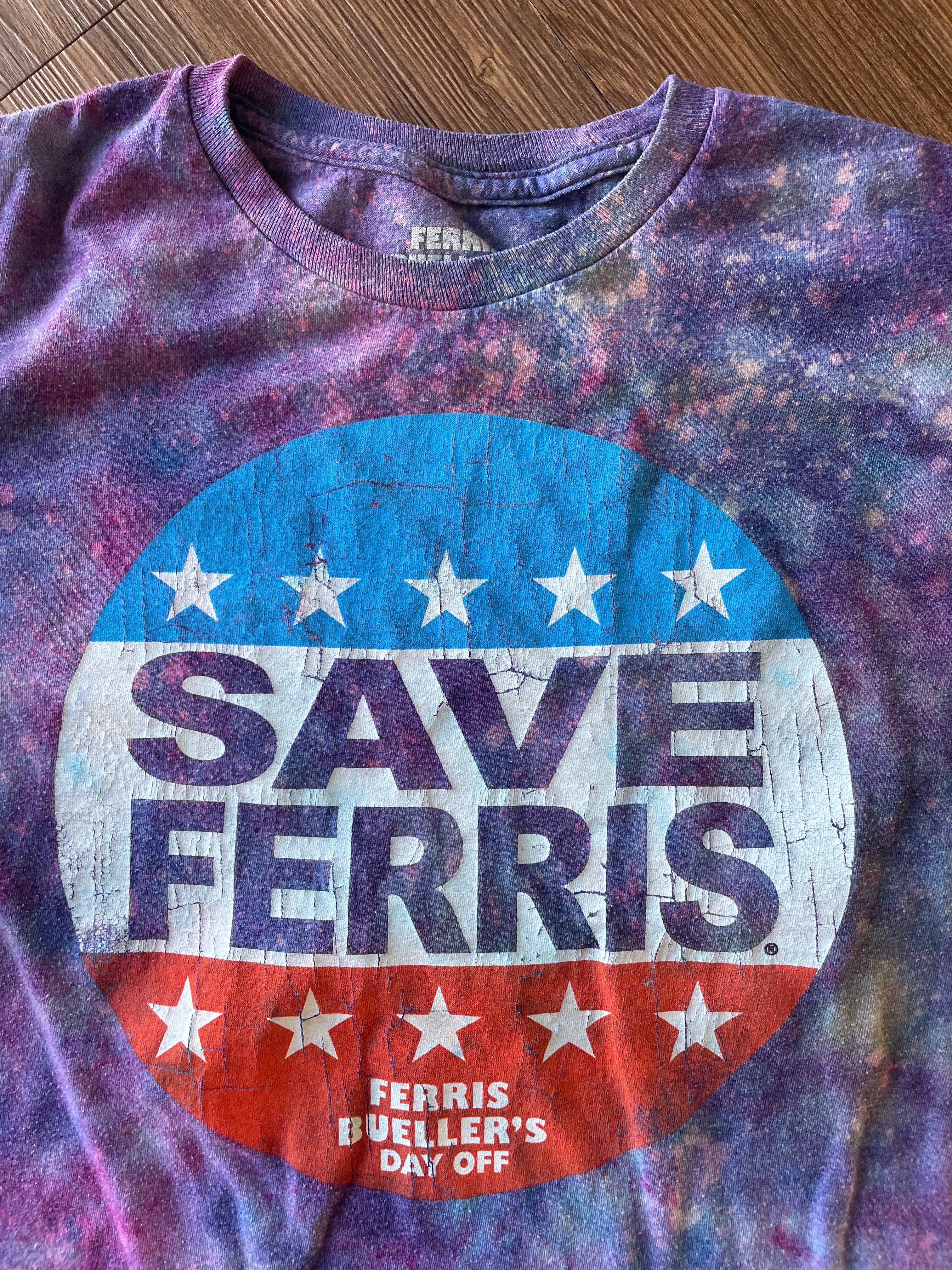 Medium Women’s Save Ferris Handmade Galaxy Tie Dye T-Shirt | Ferris Bueller’s Day Off Reverse Galaxy Short Sleeve
