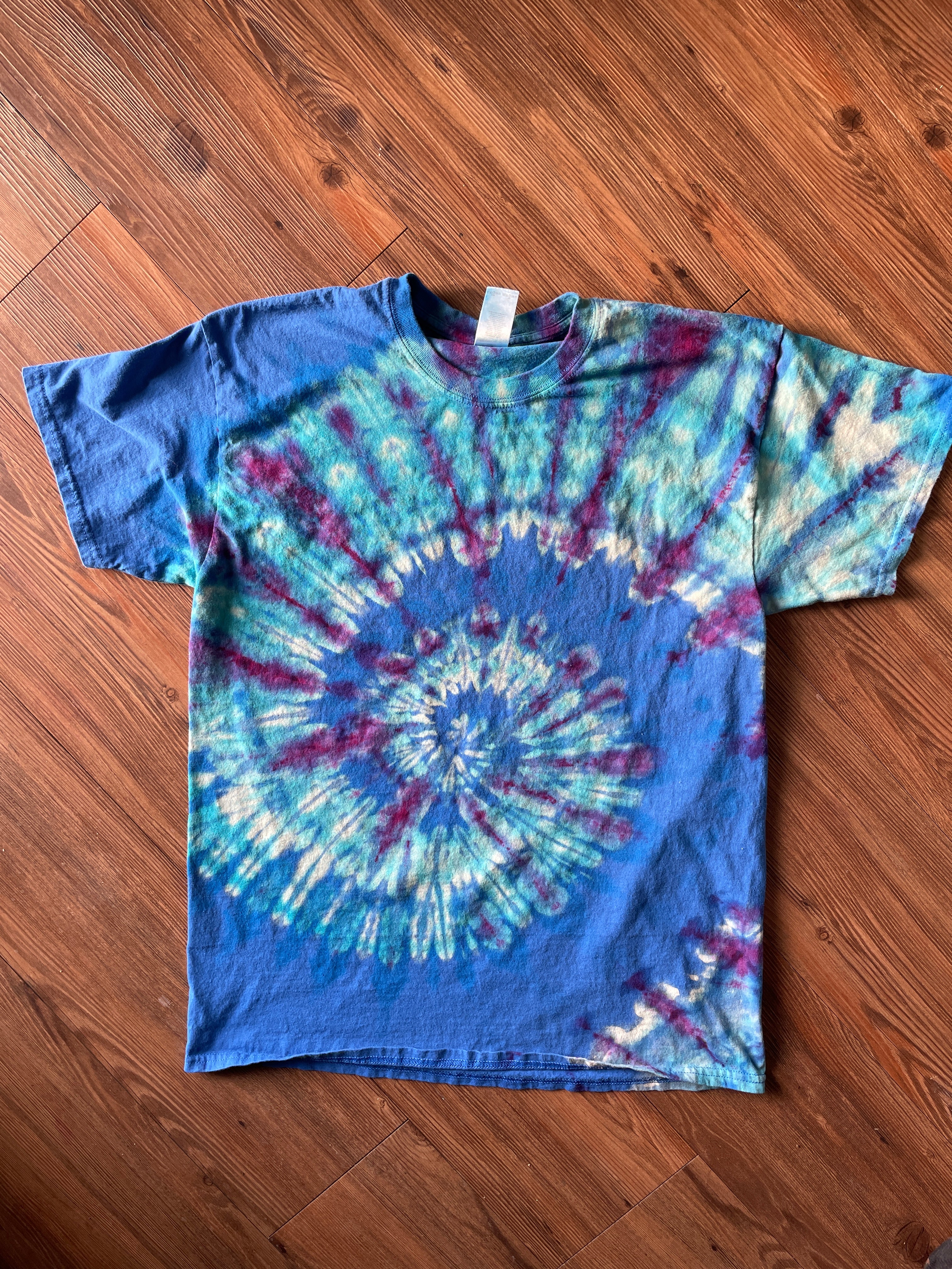LARGE Men’s Blue Galaxy Spiral Reverse Tie Dye T-Shirt | Blue and White Ice Dye Short Sleeve