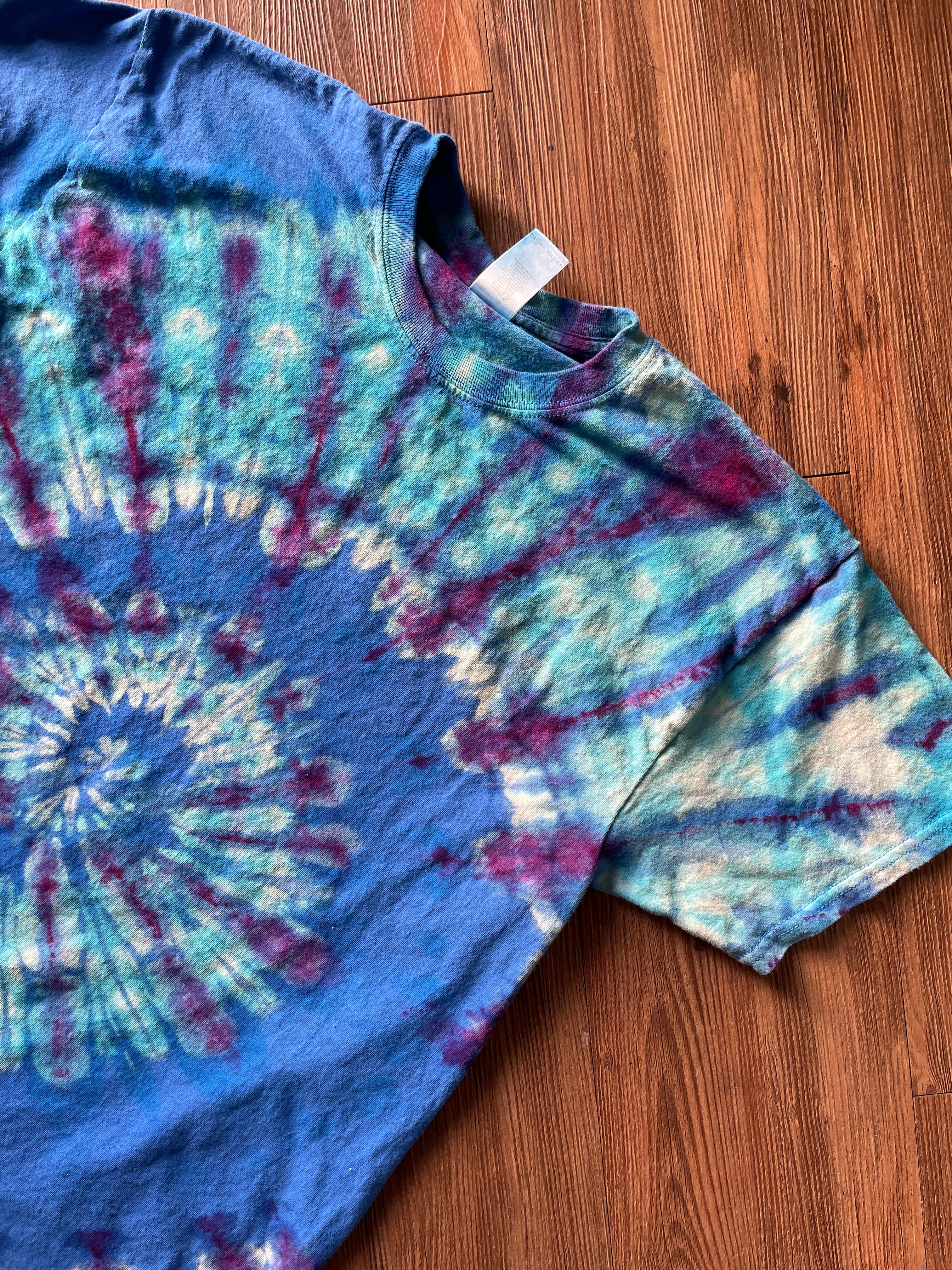 LARGE Men’s Blue Galaxy Spiral Reverse Tie Dye T-Shirt | Blue and White Ice Dye Short Sleeve